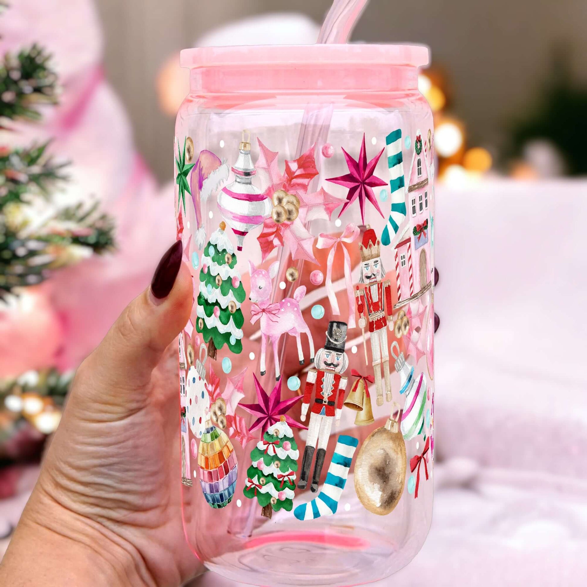 Whimsical Christmas 16oz Glass Can Cup with Lid & Straw | Sip Sip Hooray