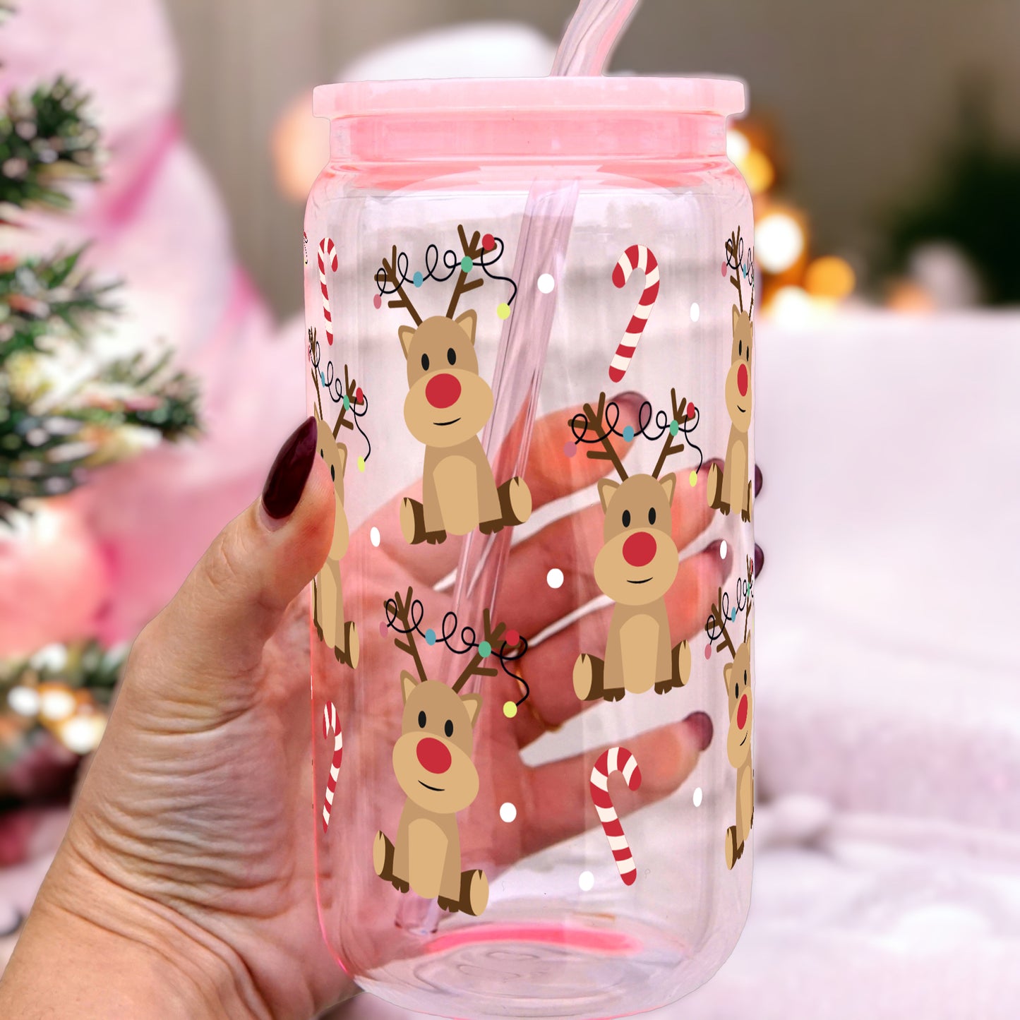 Christmas Deer and Candy Canes 16oz Glass Can Cup With Lid and Straw