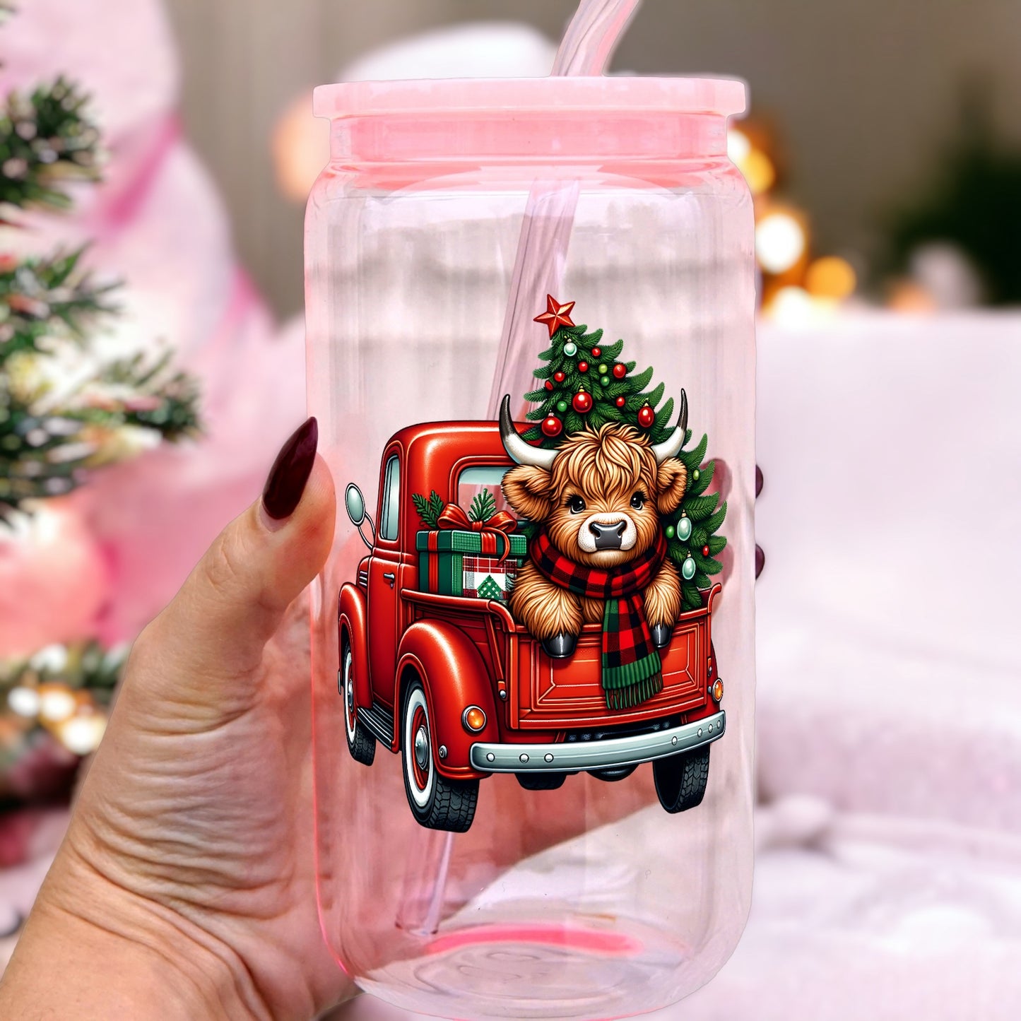 Christmas Highland Cow 16oz Glass Can Cup With Lid and Straw