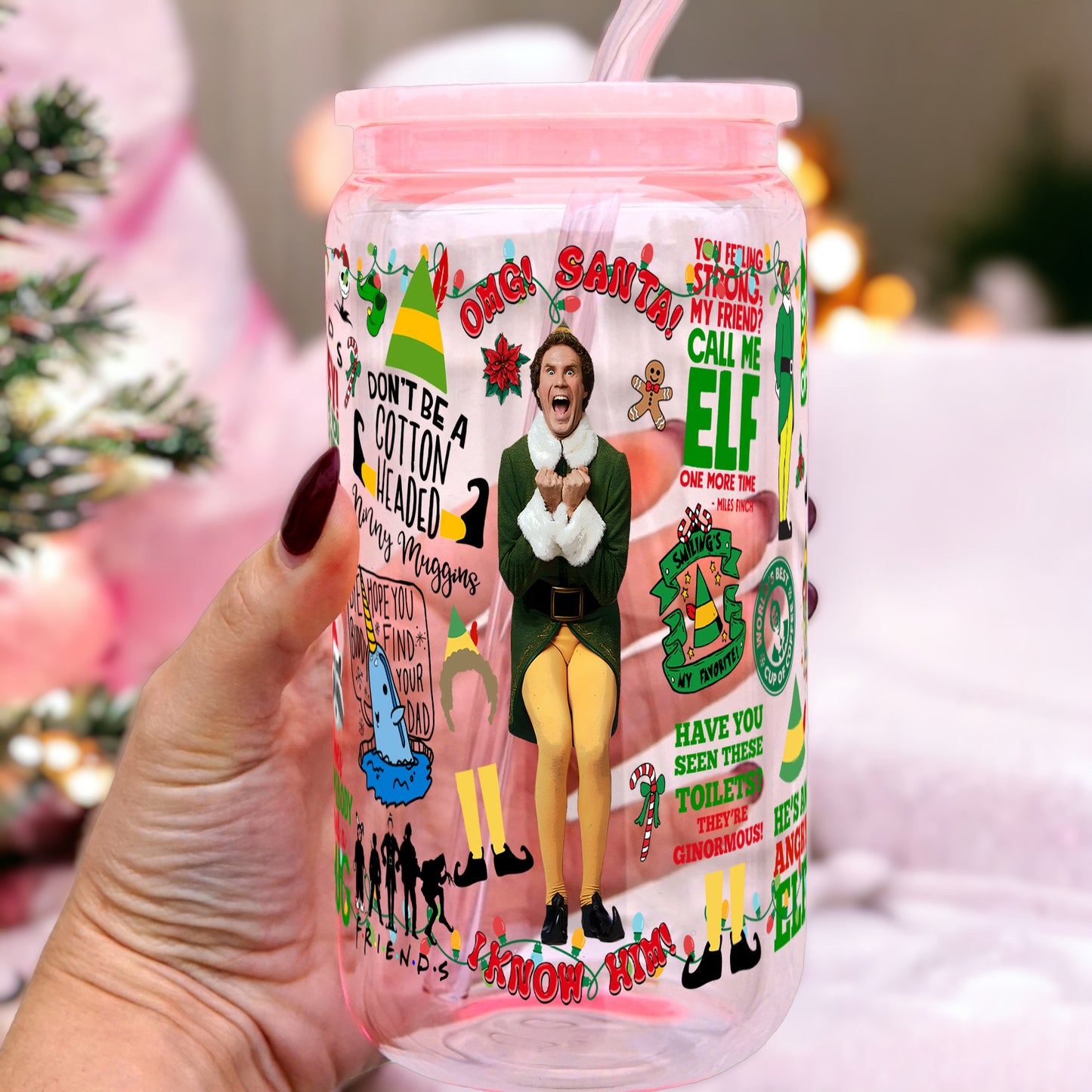 Christmas Movie Character 16oz Glass Can Cup With Lid and Straw