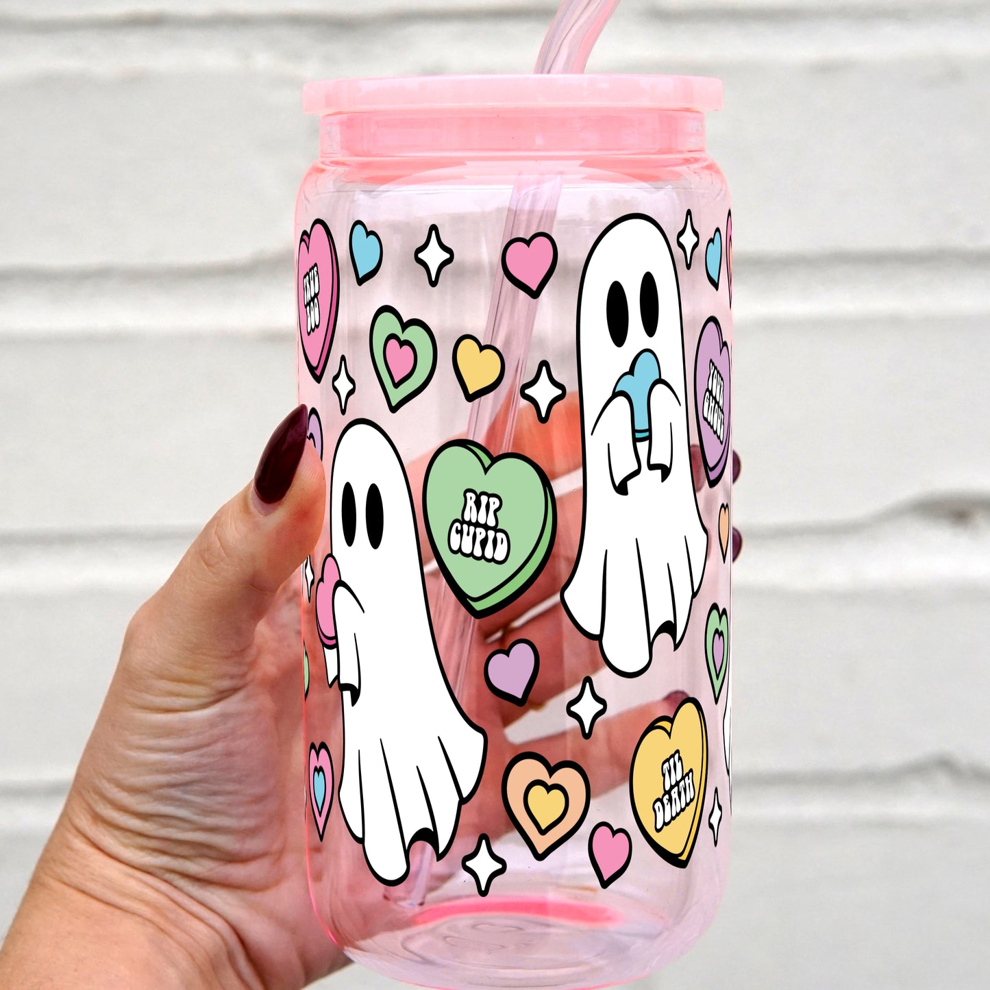 Valentine's Day Candy Hearts and Ghosts 16oz Glass Can Cup with Lid and Straw