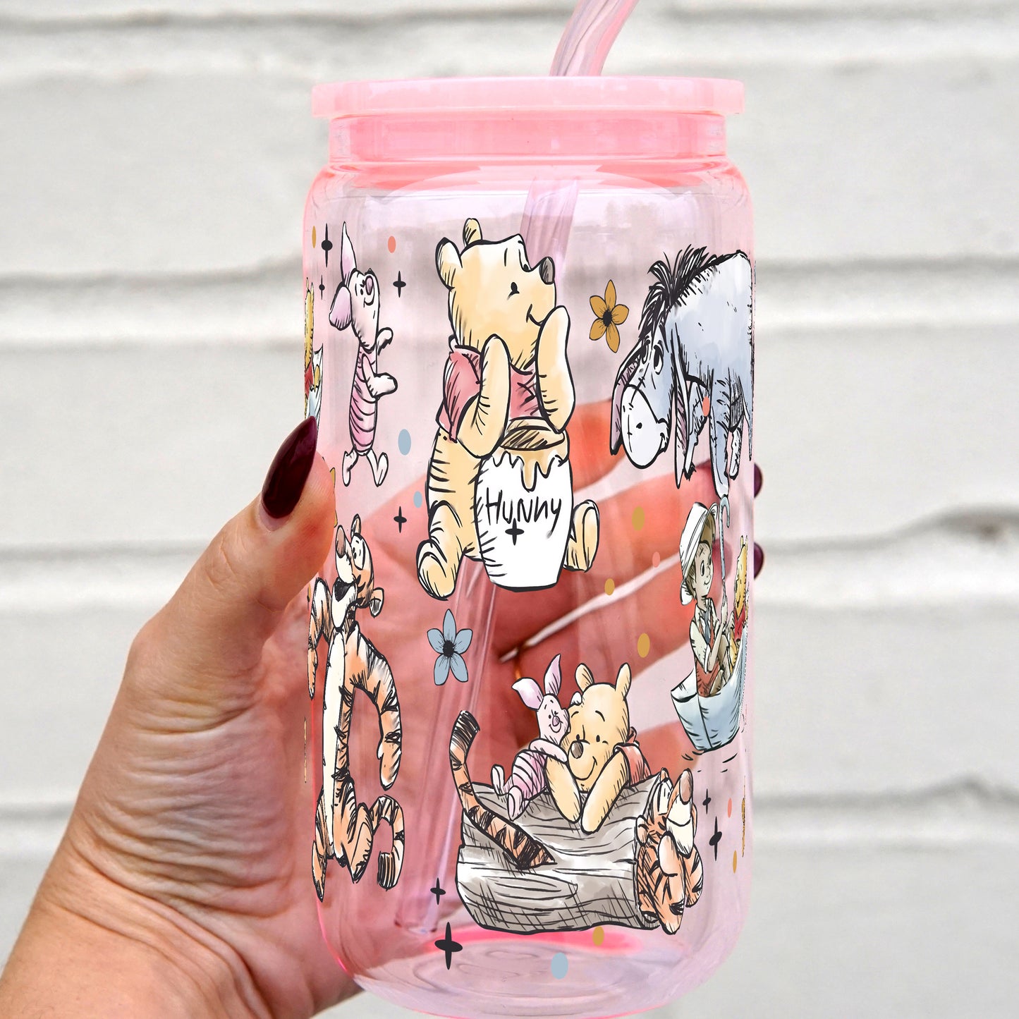 Winnie The Pooh 16oz Glass Can With Lid and Straw