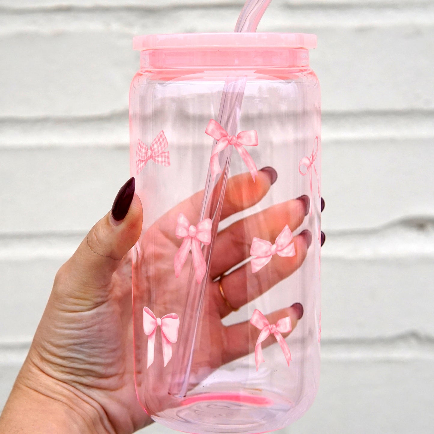 Pink Coquette Bows 16oz Glass Can Cup With Lid and Straw