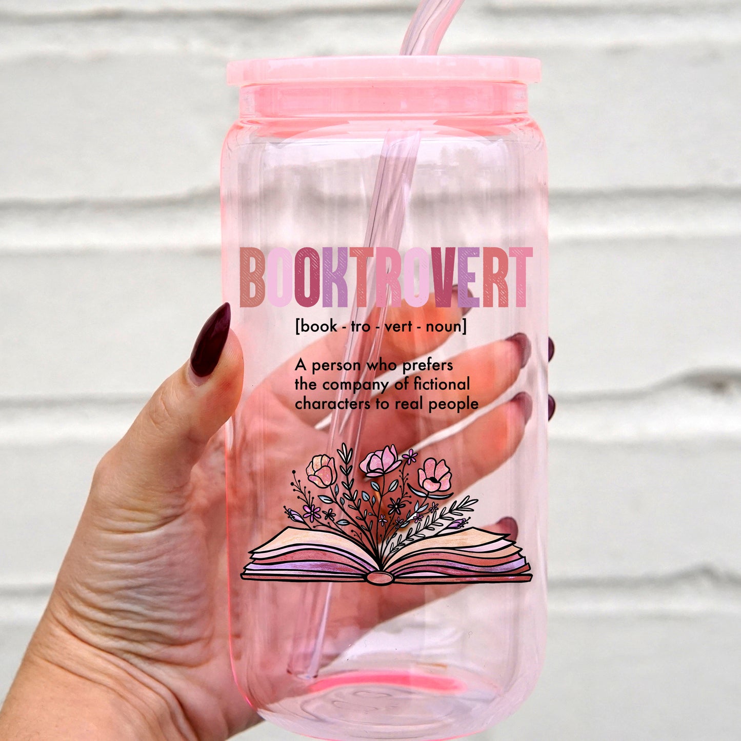 Booktrovert 16oz Glass Can Cup With Lid and Straw