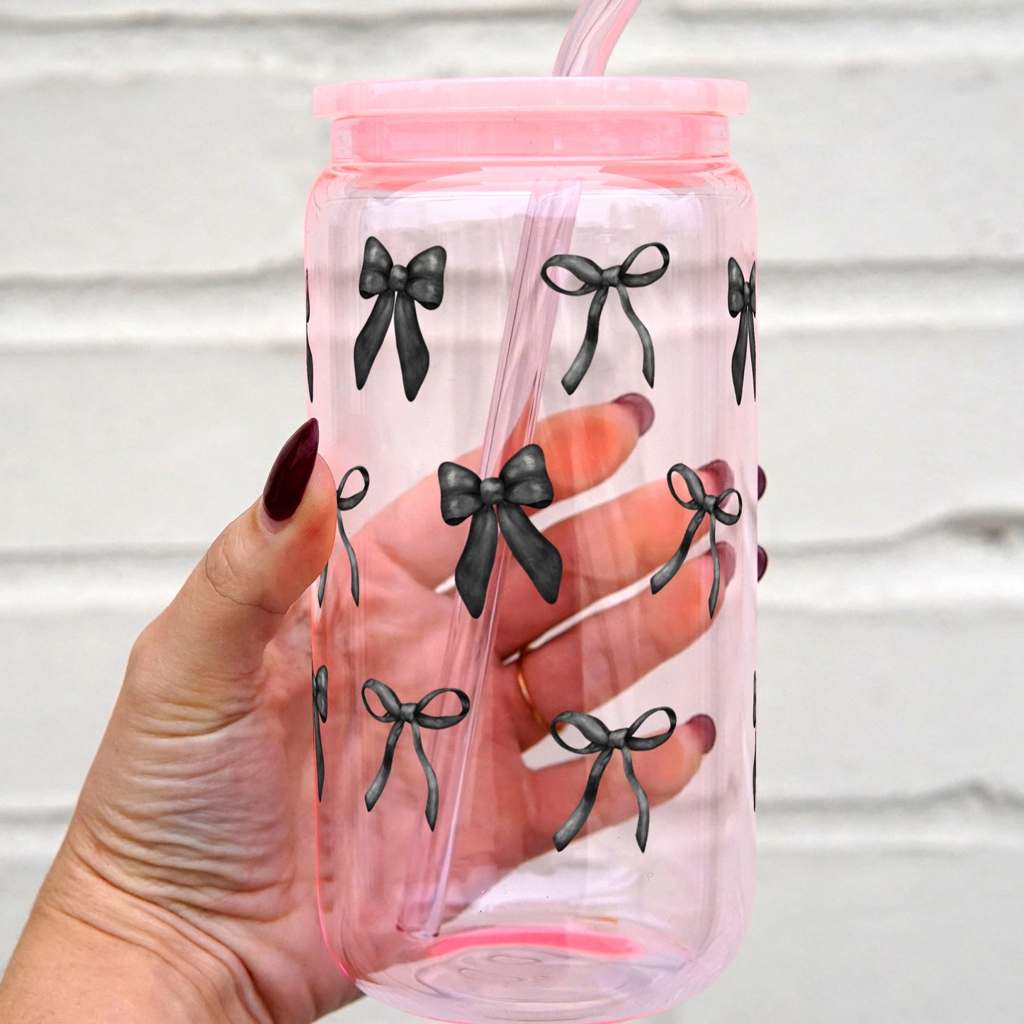 Black Coquette Bows 16oz Glass Can Cup With Lid and Straw