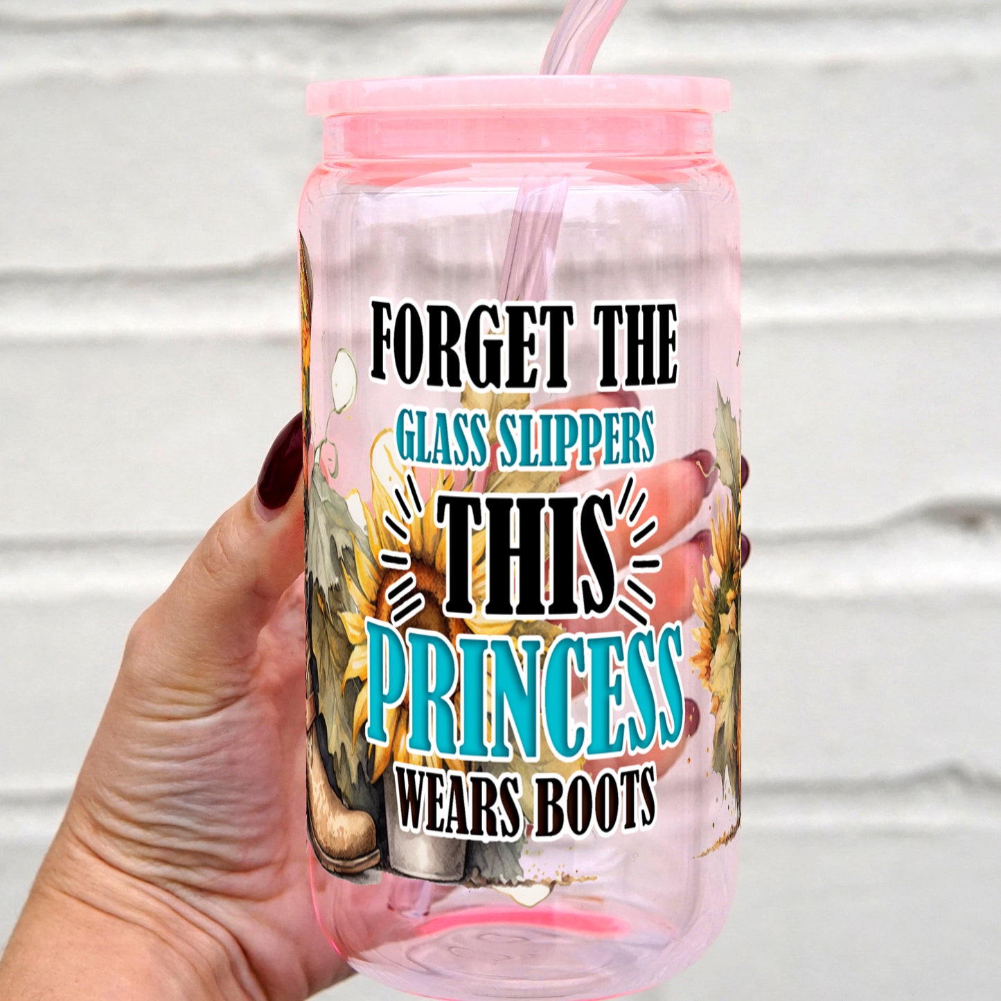 Princess Boots 16oz Glass Can Cup With Lid and Straw