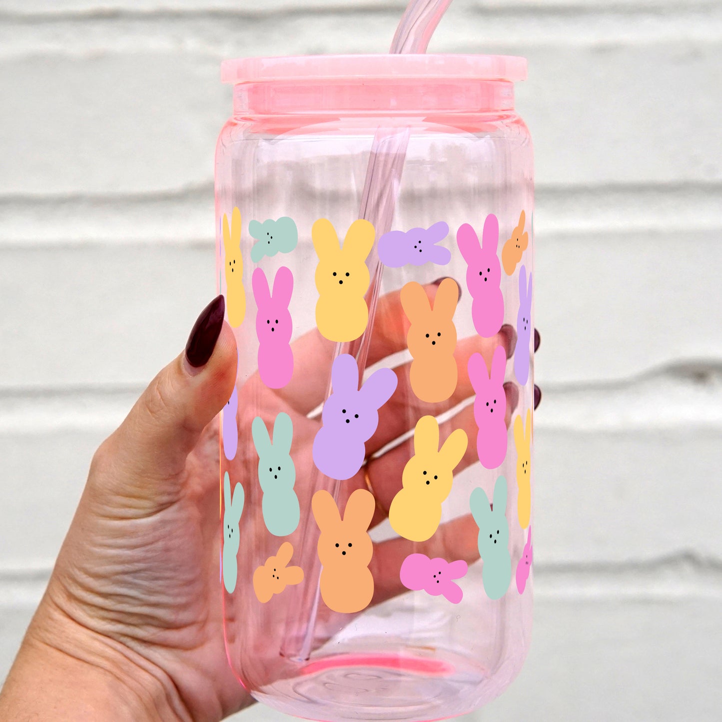 Peep Easter Bunnies 16oz Glass Can Cup With Lid and Straw