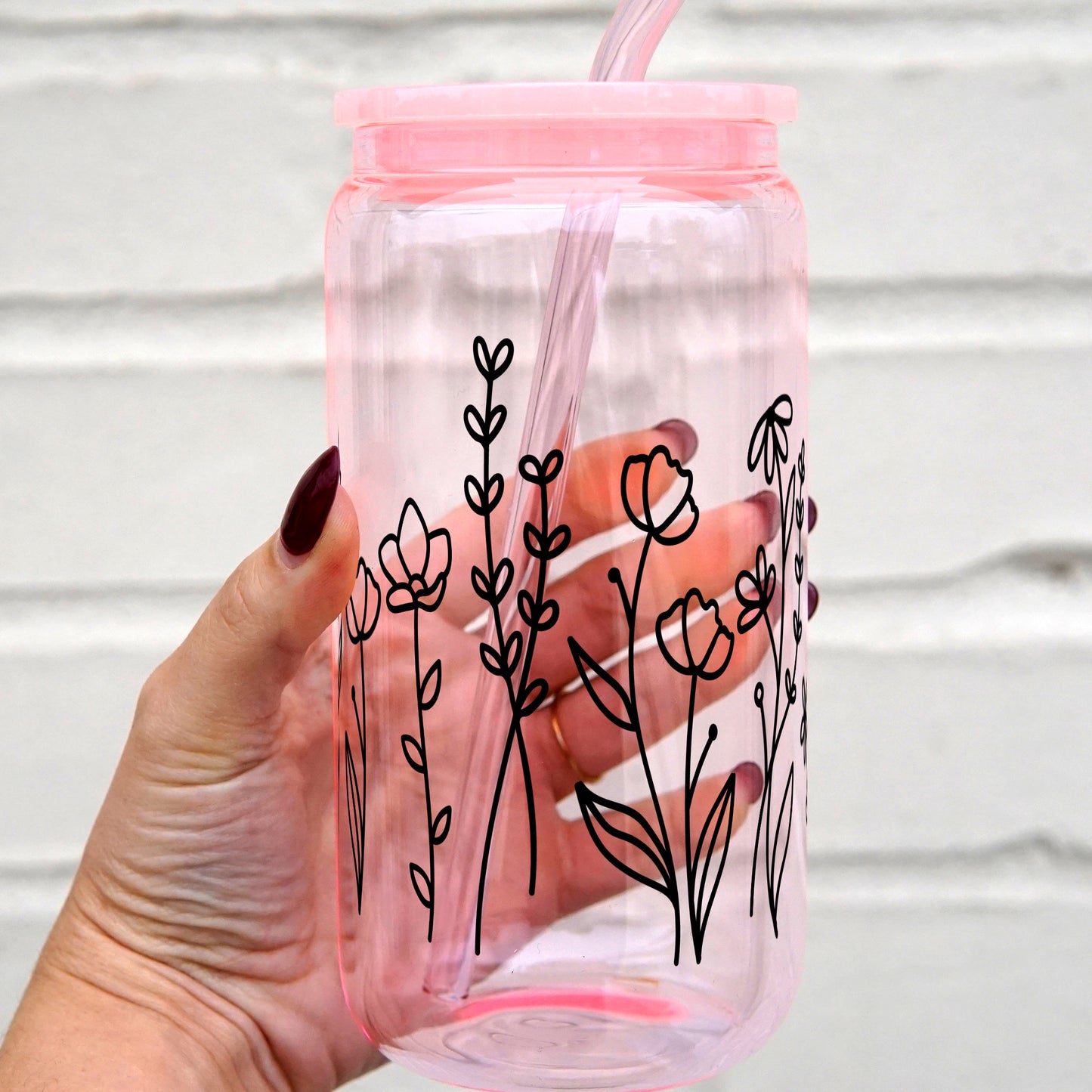 Black Wildflower 16oz Glass Can Cup With Lid and Straw