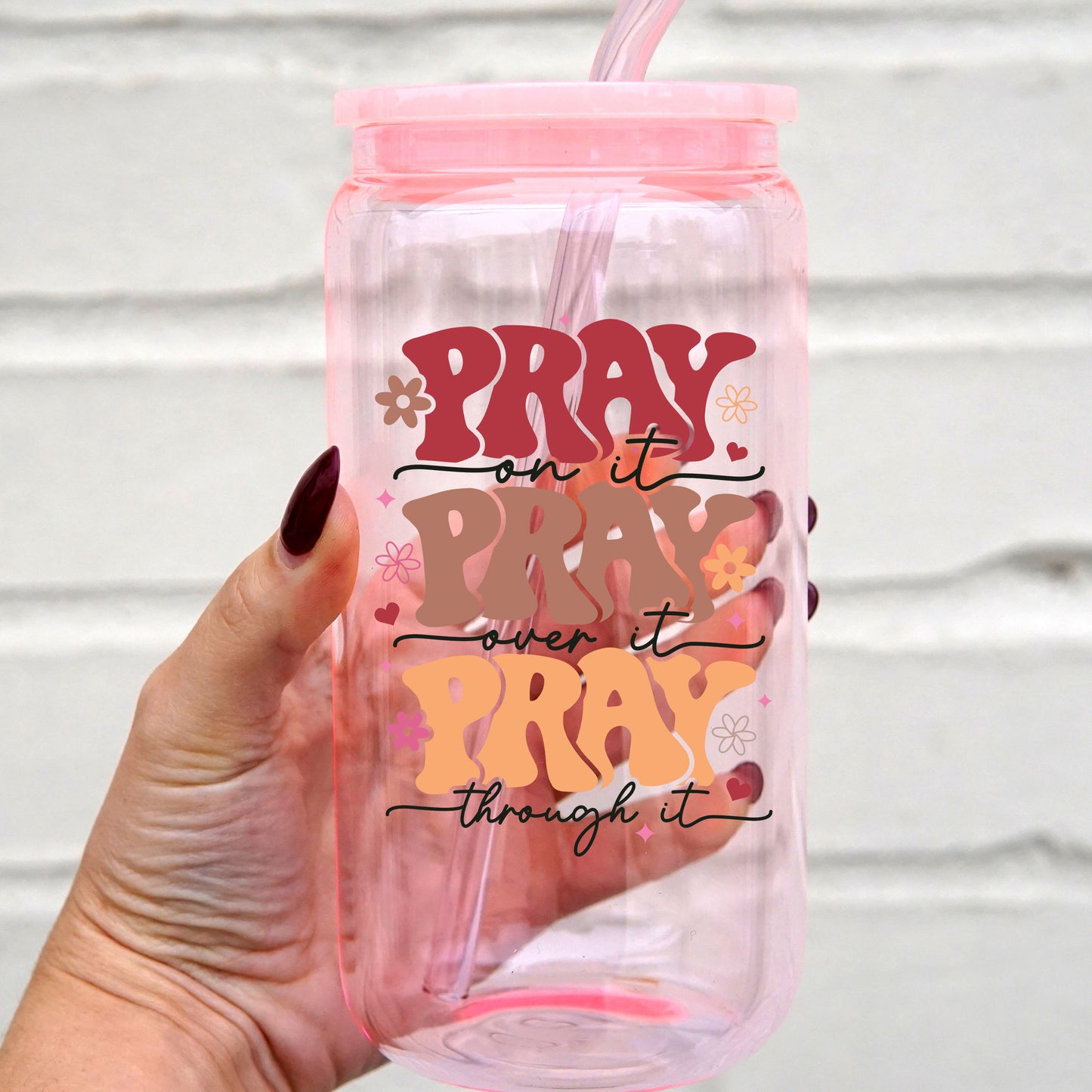 Pray On It 16oz Glass Can Cup With Lid and Straw