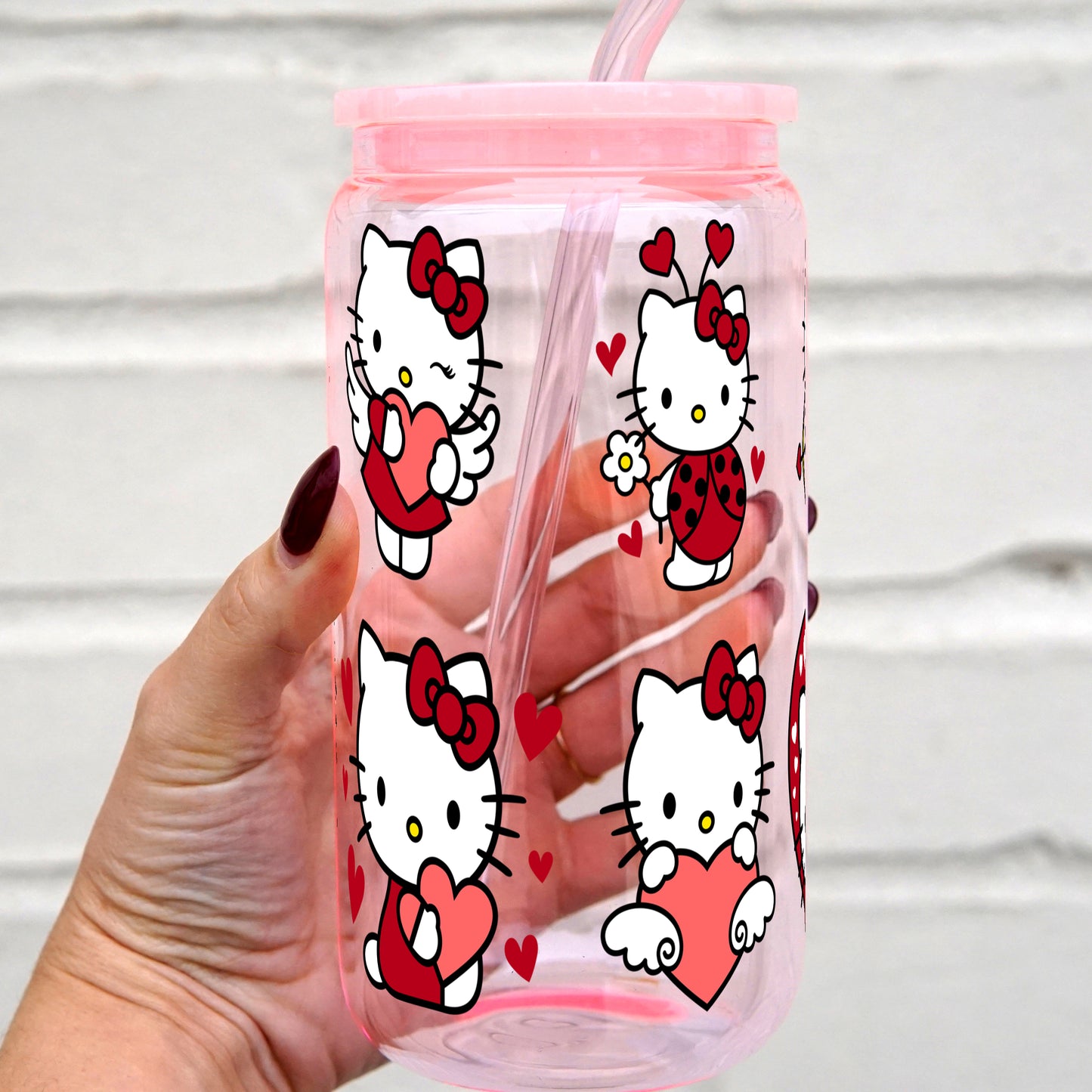 Valentine's Day Kitty 16oz Glass Can Cup with Lid and Straw
