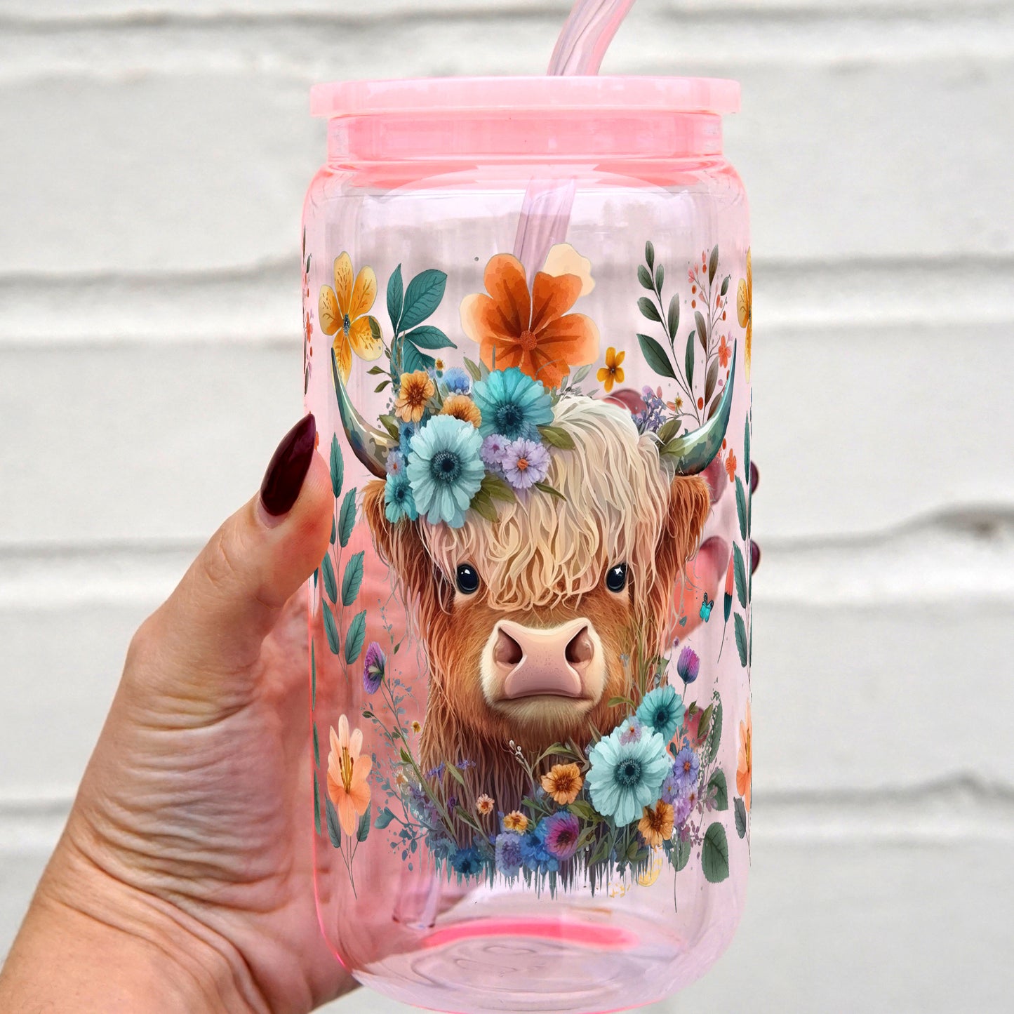 16oz Highland Cow Glass Can Cup With Lid And Straw