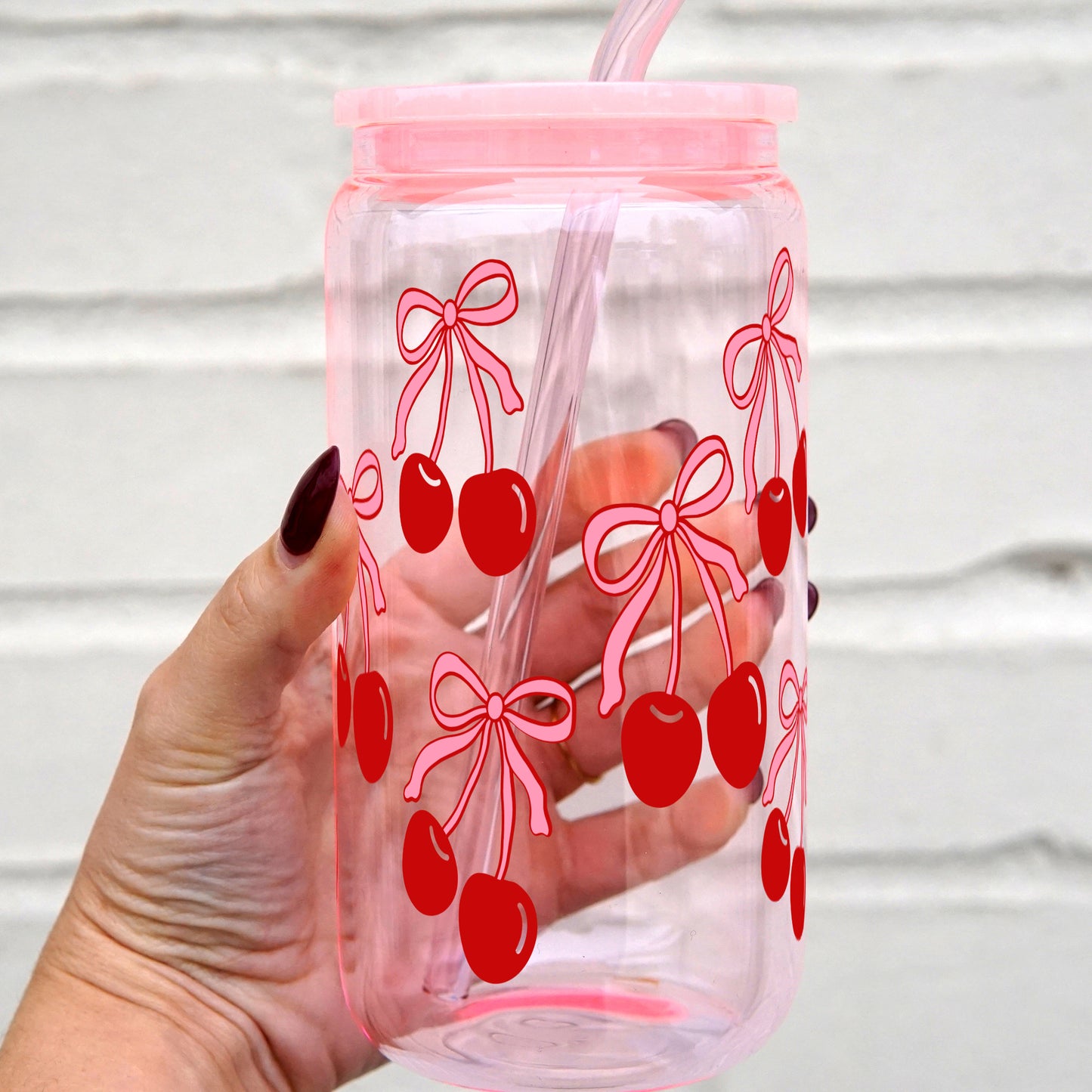 Cherries and Bows 16oz Glass Can Cup With Lid and Straw