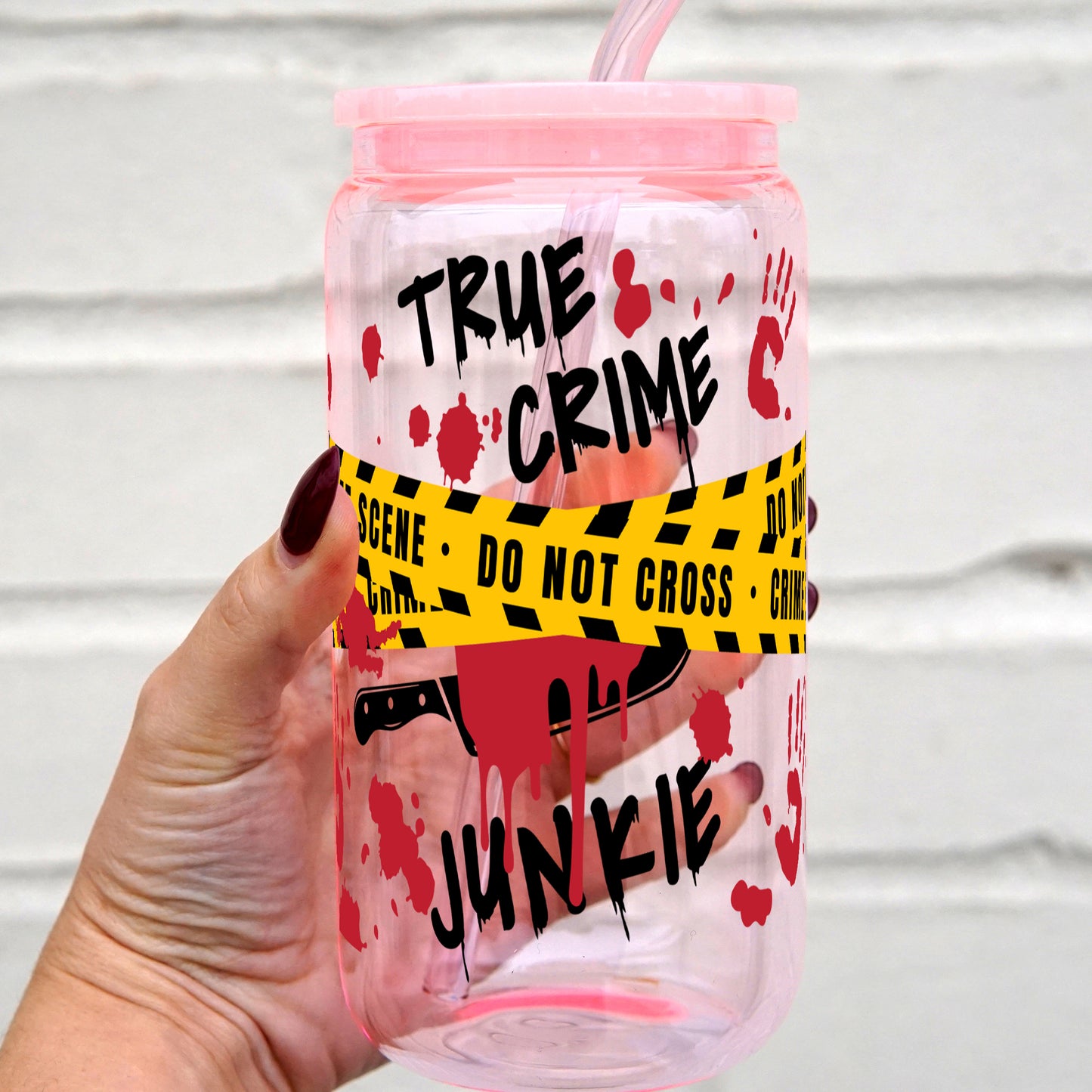 True Crime Junkie 16oz Glass Can Cup With Lid and Straw