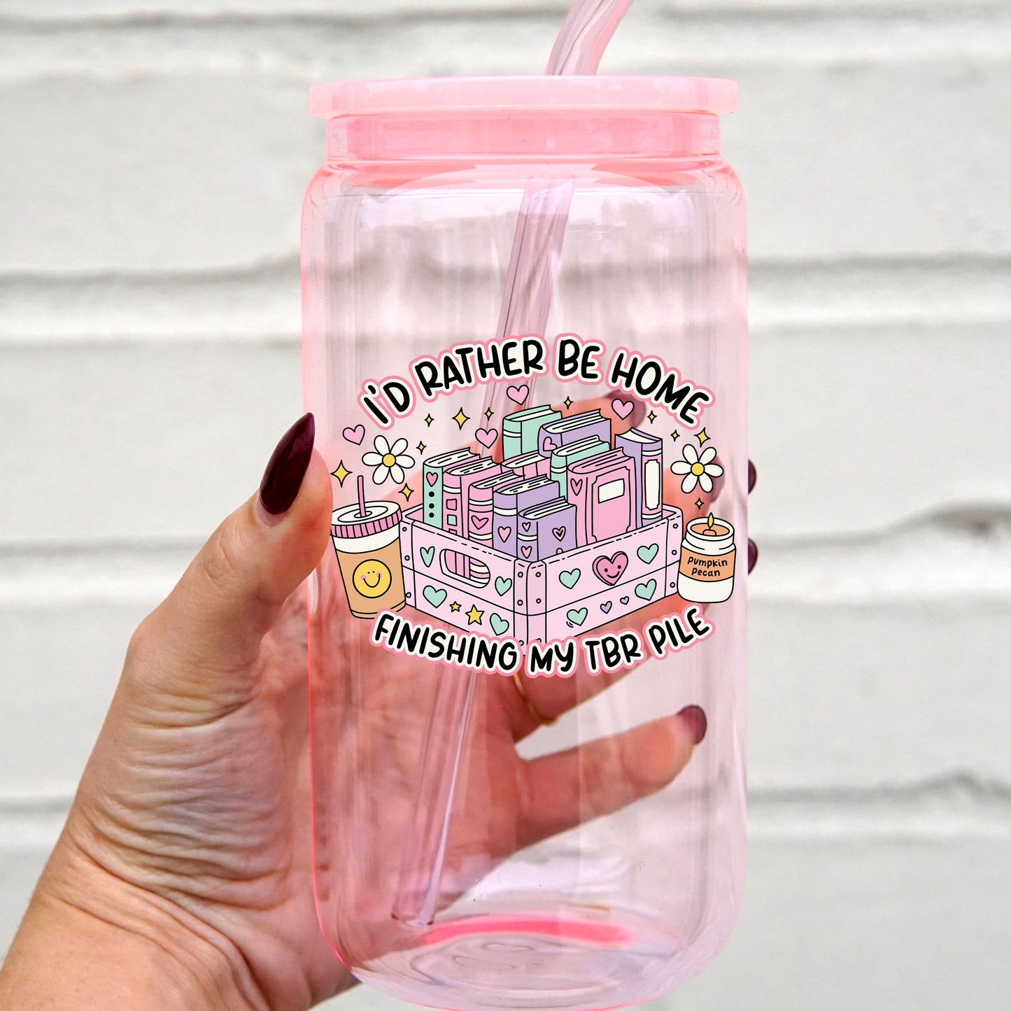 I'd Rather Be Home 16oz Glass Can Cup With Lid and Straw