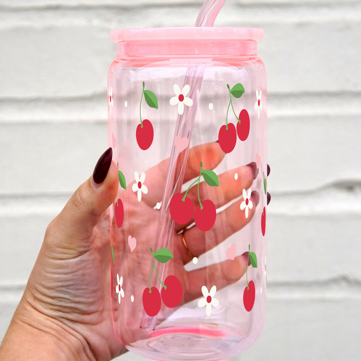 Cherry 16oz Glass Can Cup With Lid and Straw