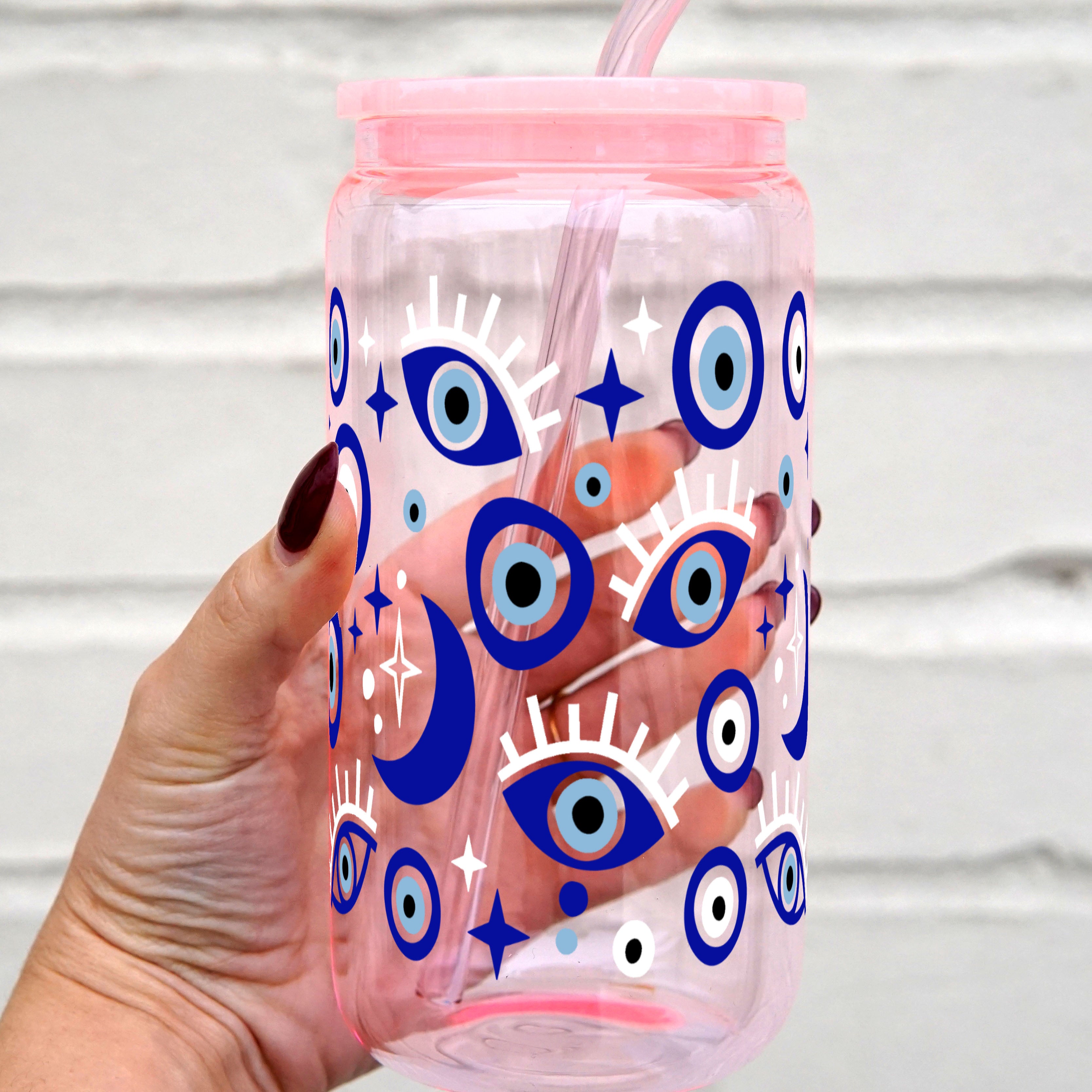 Evil Eye Glass Can Cup with Lid and Straw