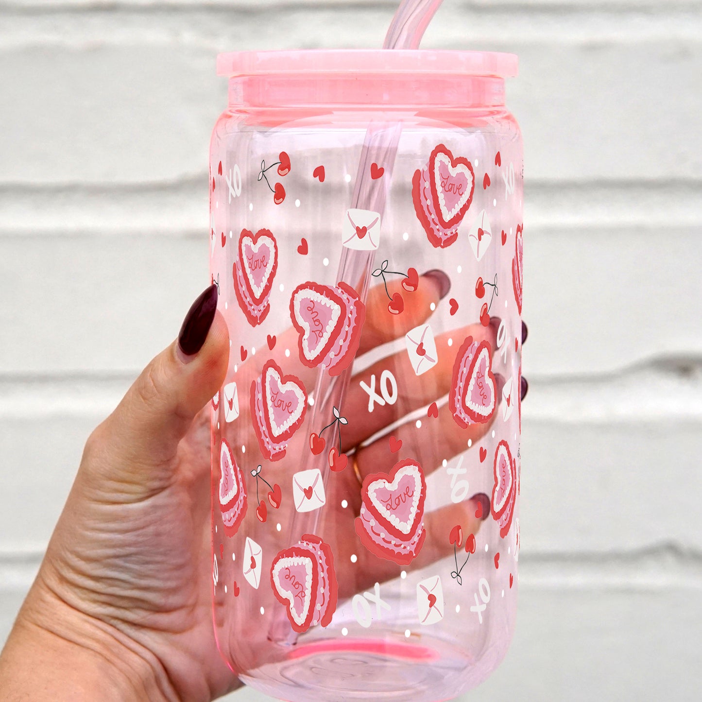 Valentine's Day Heart Cakes Glass Can Cup With Lid and Straw