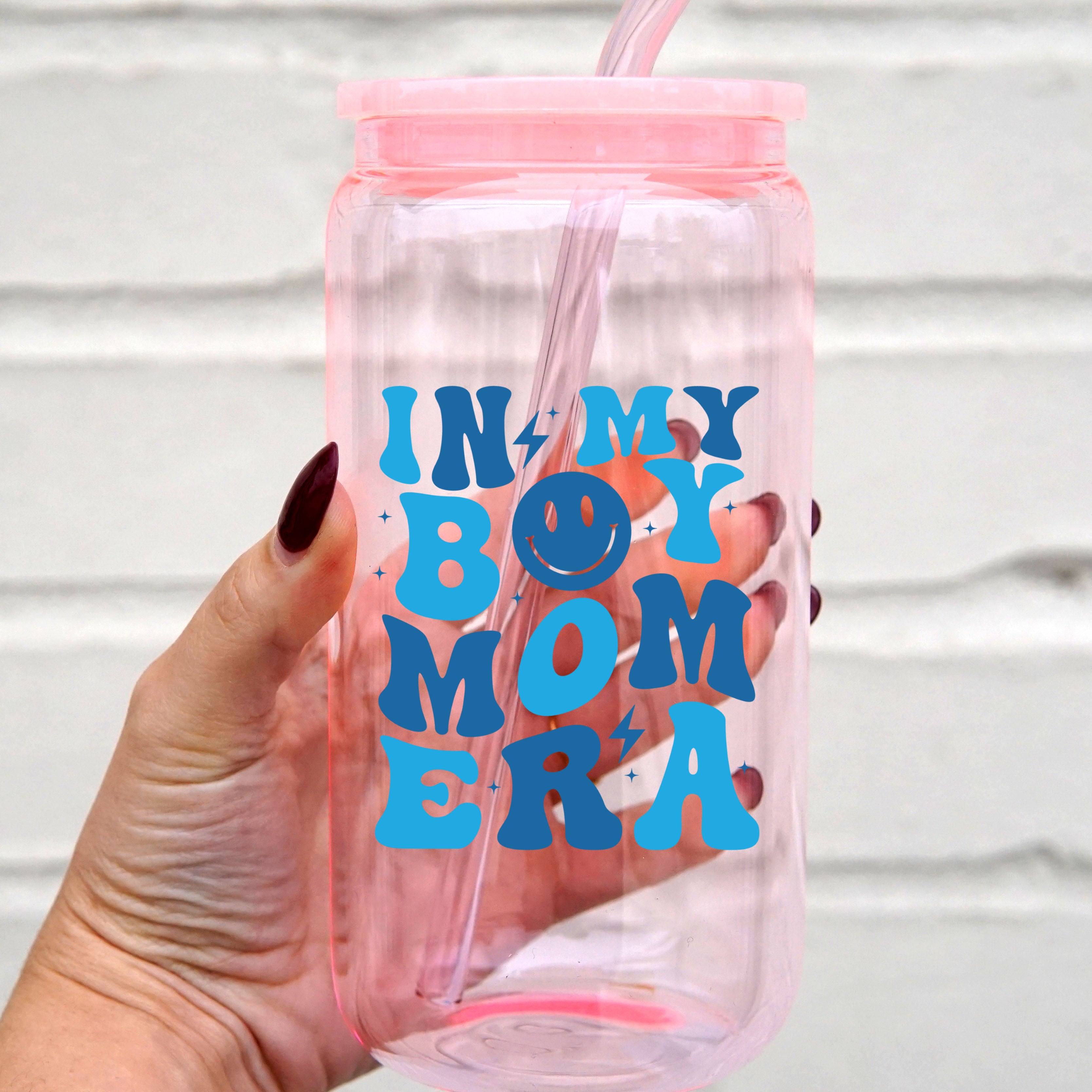 Boy Mom Era Glass Can Cup With Lid and Straw