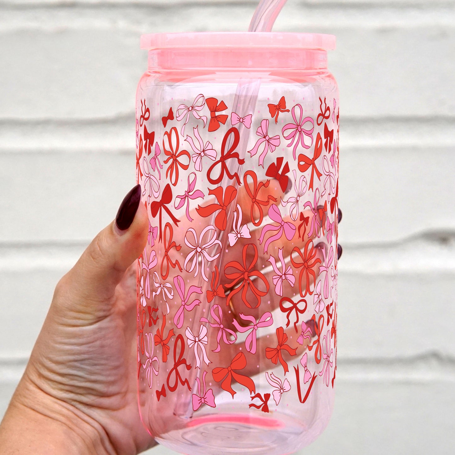 Coquette Valentine Glass Can up with Lid and Straw