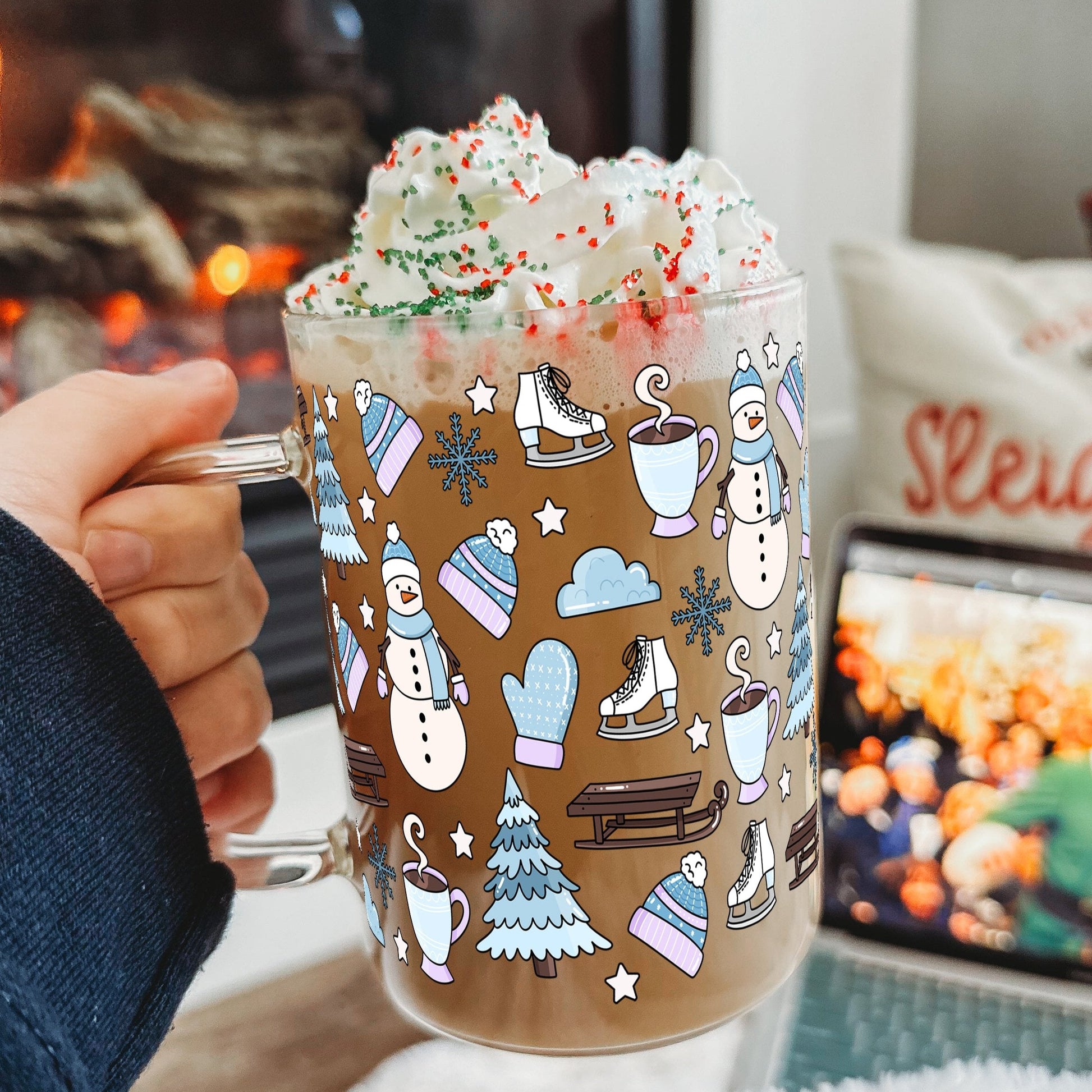 Blue Snow Day 17oz Glass Mug With Lid and Straw - Sip Sip Hooray