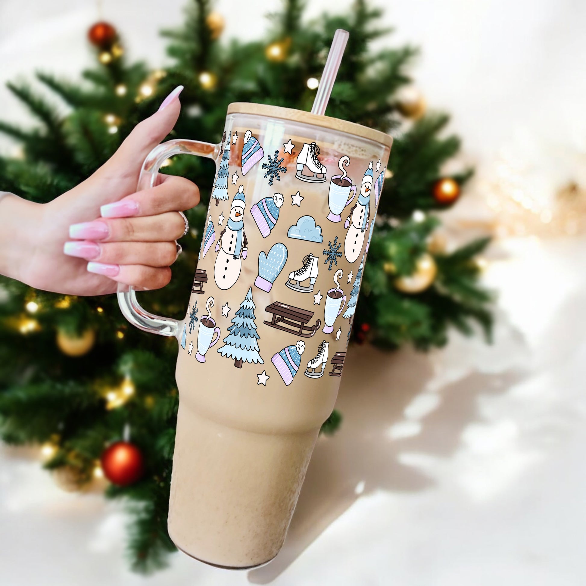 Blue Snow Day 40oz Glass or Plastic Tumbler With Lid and Straw - Sip Sip Hooray