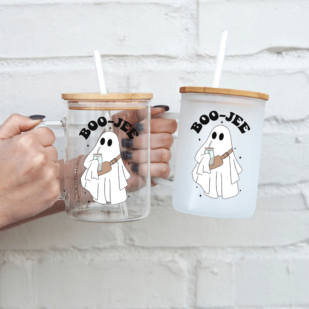 Boo - Jee Ghost 17oz Glass Mug With Lid and Straw - Sip Sip Hooray