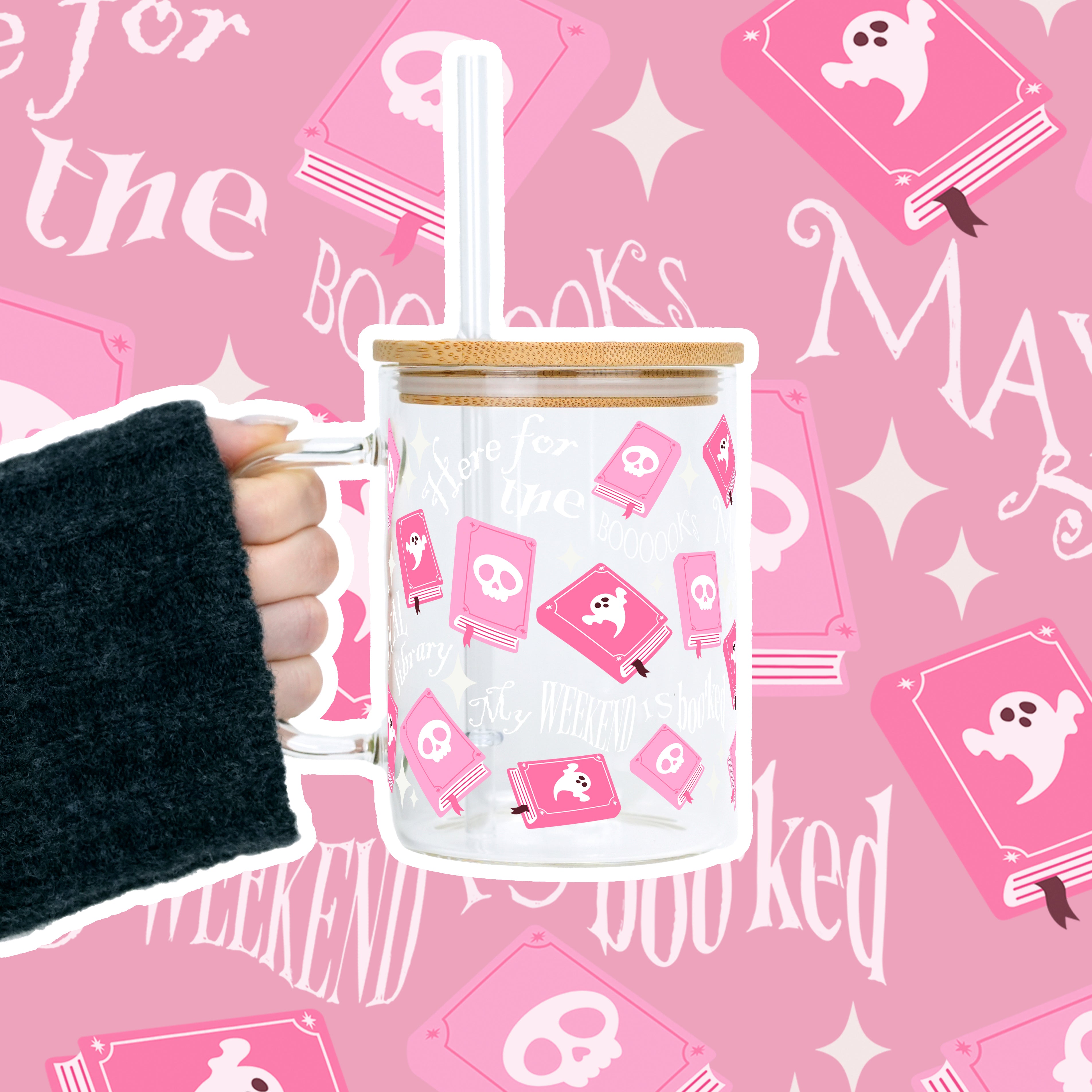 Boo-Kish Halloween 17oz Glass Mug With Lid and Straw