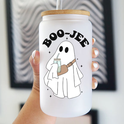 Boo-Jee Ghost 16oz Glass Can Cup with Lid and Straw