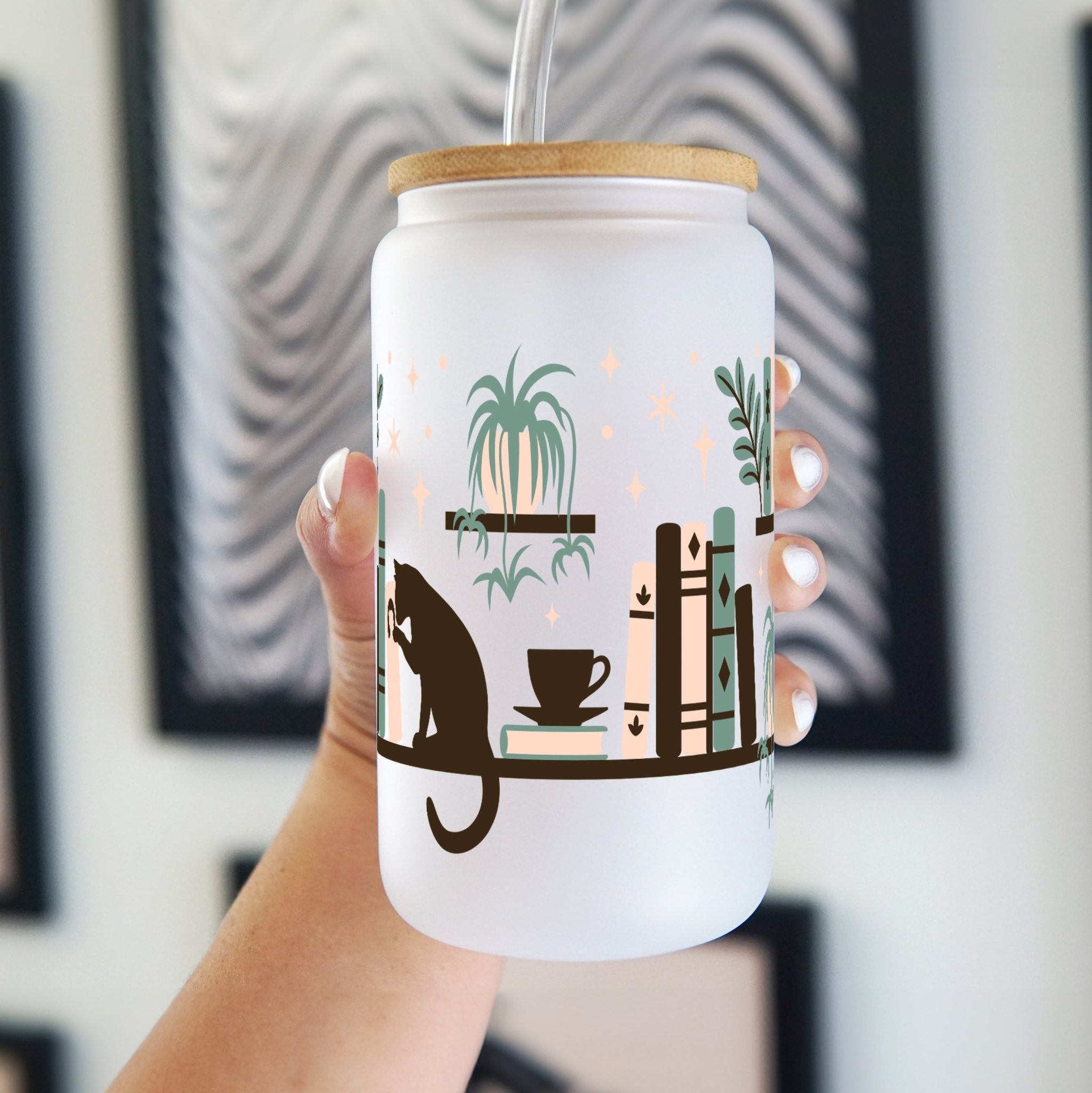 Book Shelves With Kitty and Plants Cup With Lid and Straw - Sip Sip Hooray