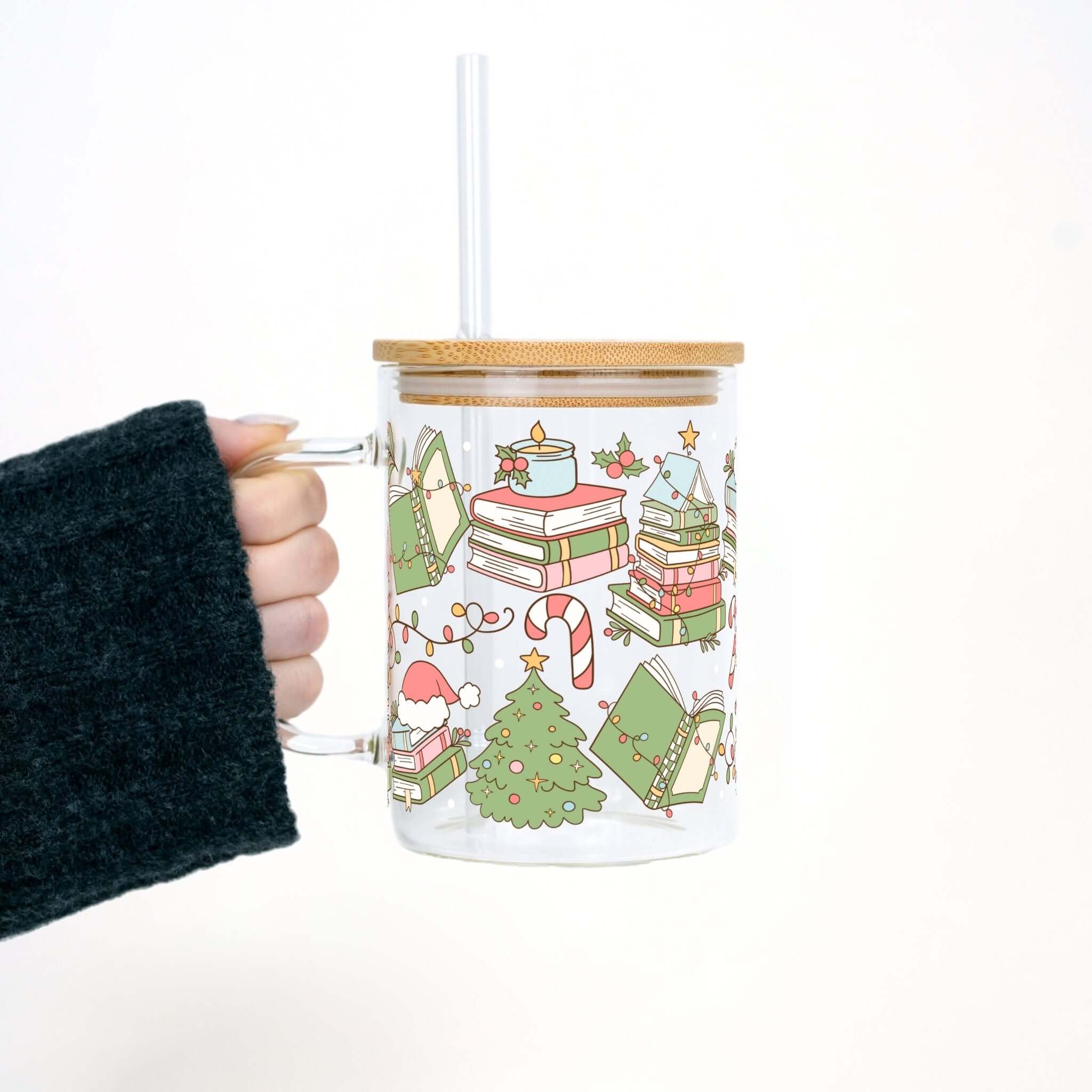 Bookish Christmas 17oz Glass Mug With Lid and Straw