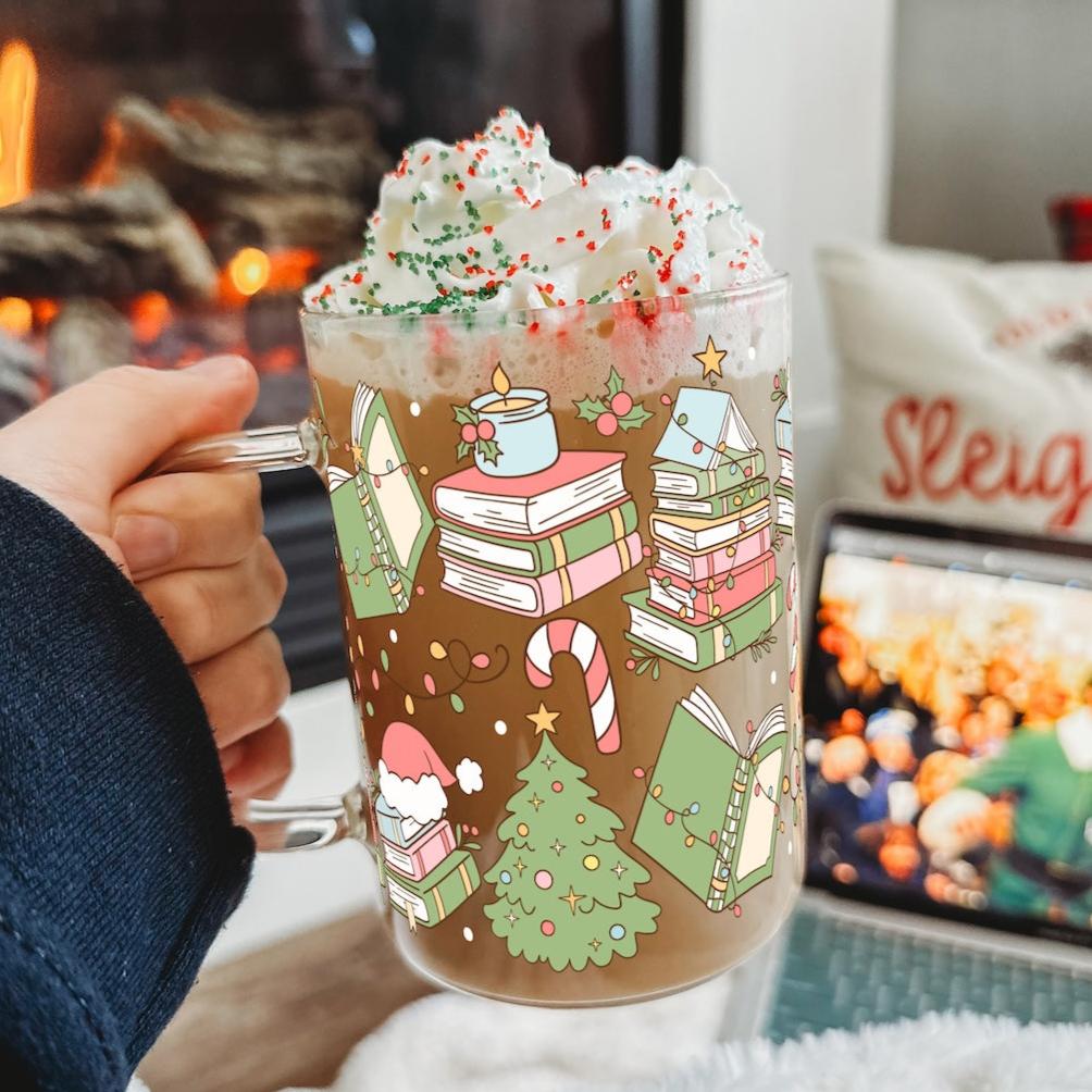Bookish Christmas 17oz Glass Mug With Lid and Straw - Sip Sip Hooray