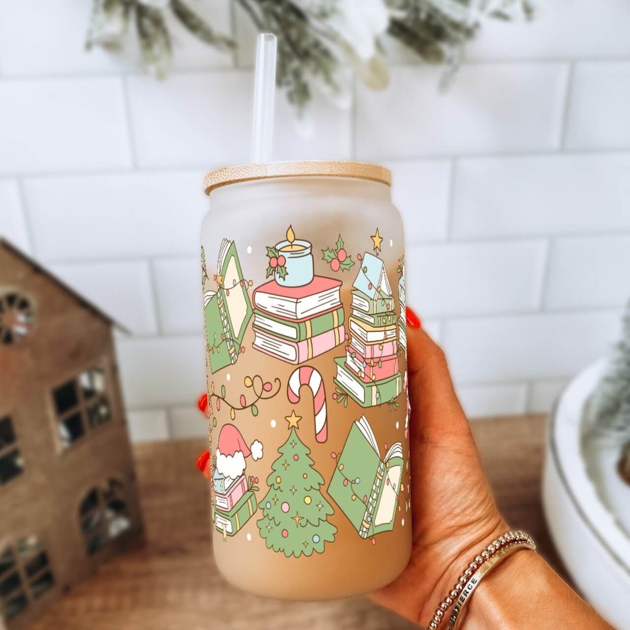 Bookish Christmas Cup With Lid and Straw
