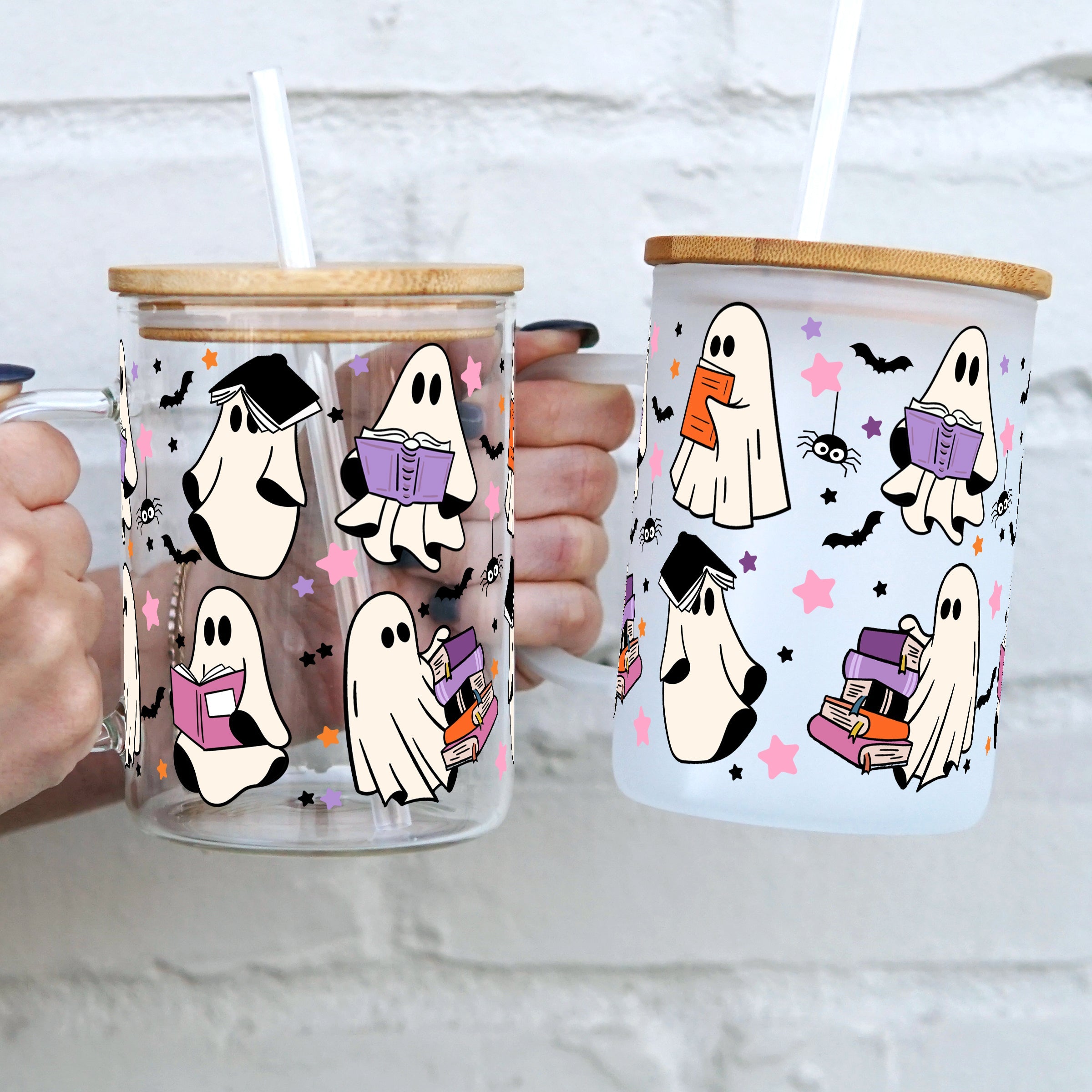 Bookish Ghostie 17oz Glass Mug With Lid and Straw - Sip Sip Hooray
