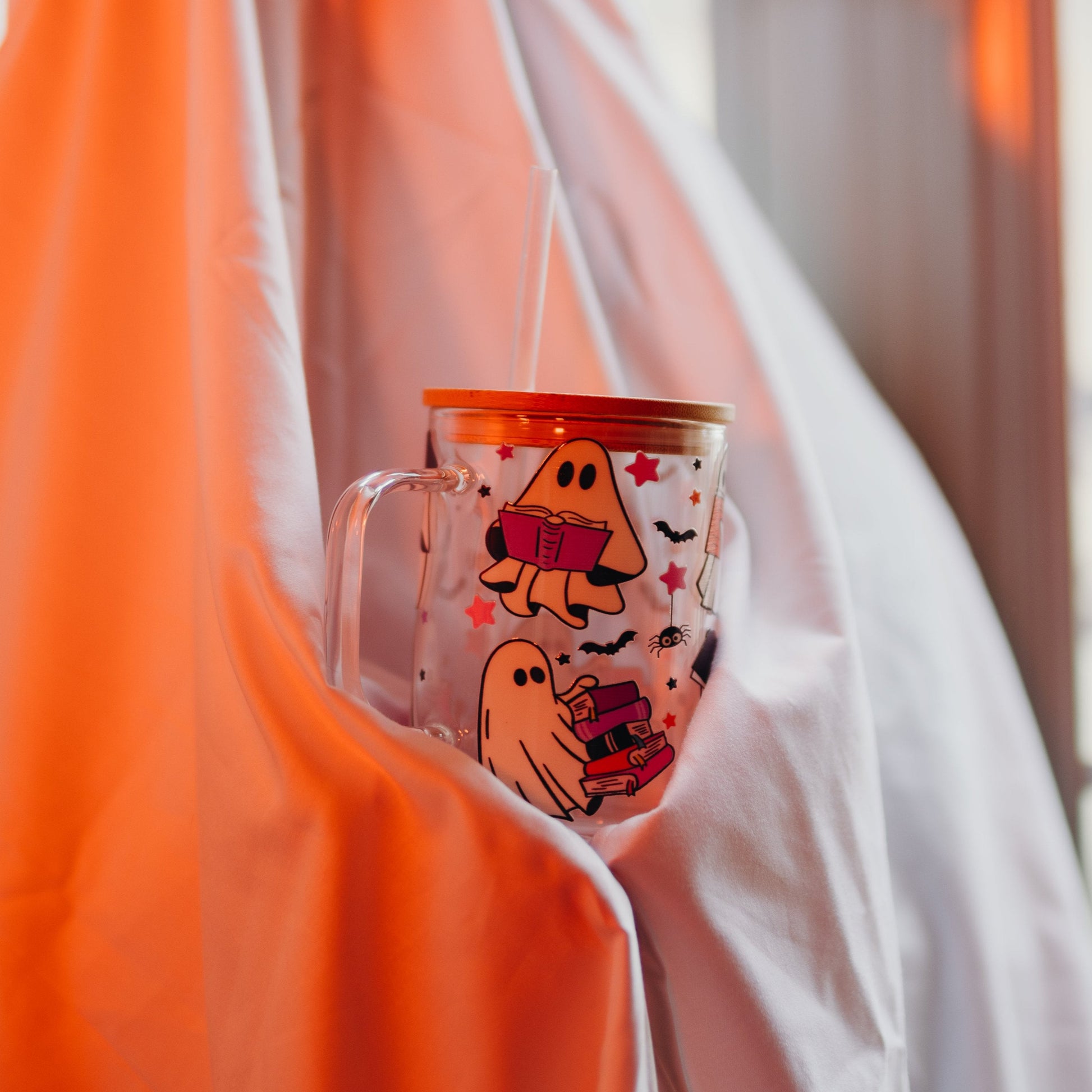 Bookish Ghostie 17oz Glass Mug With Lid and Straw - Sip Sip Hooray
