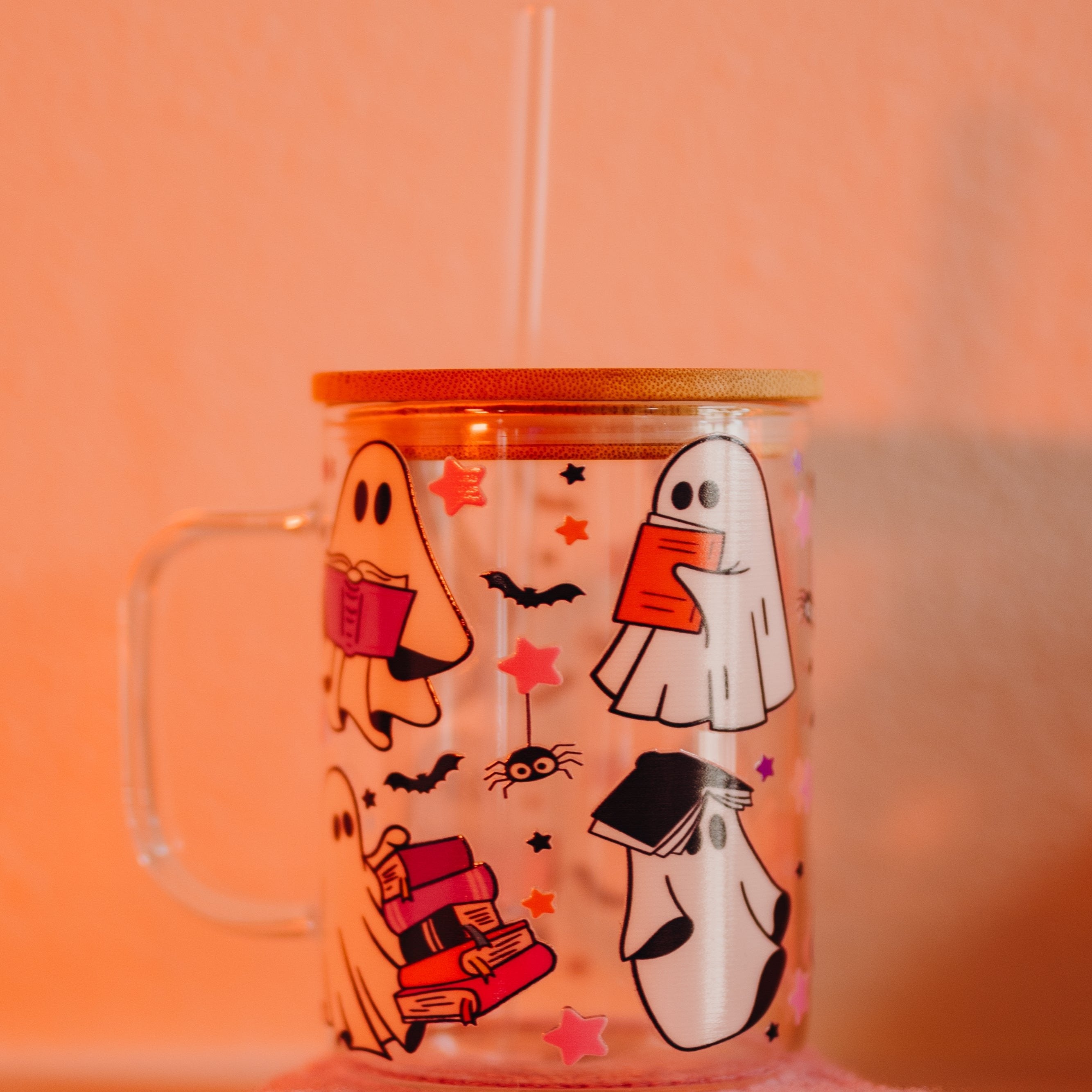 Bookish Ghostie 17oz Glass Mug With Lid and Straw - Sip Sip Hooray