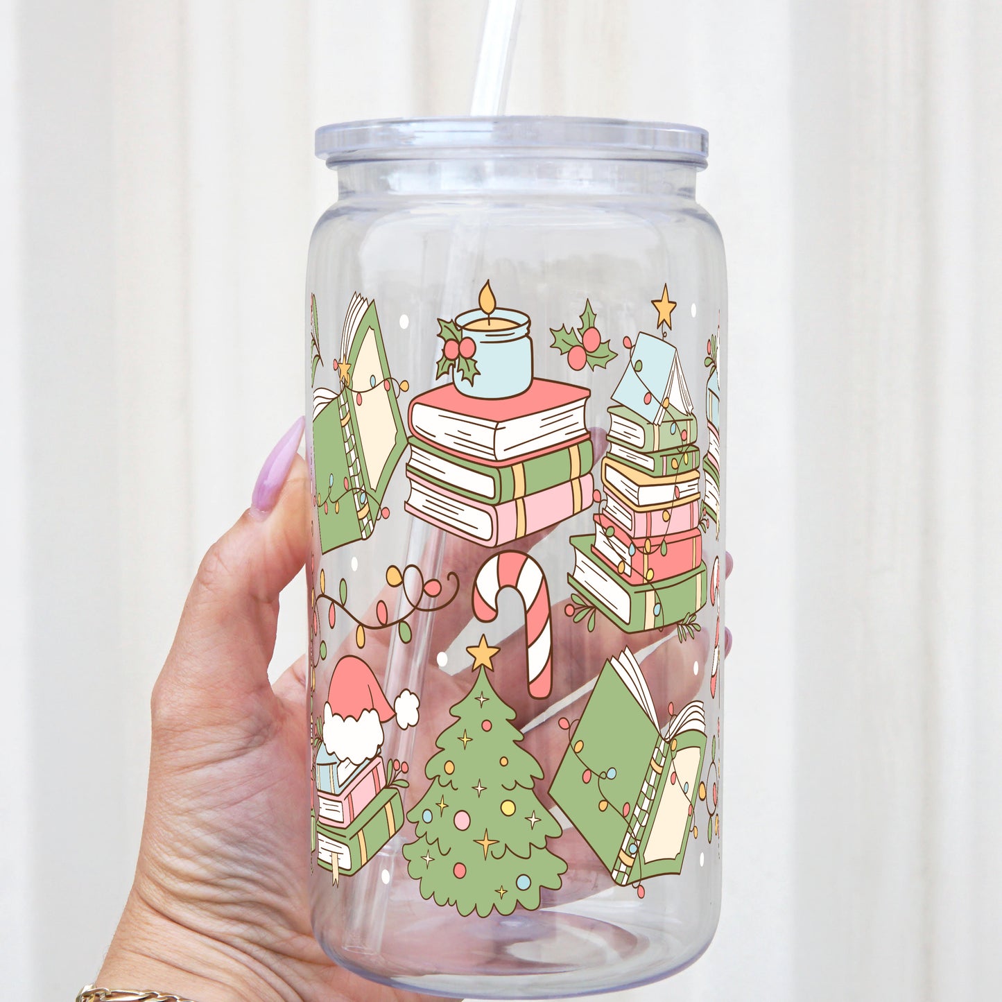 Bookish Christmas 16oz Acrylic Plastic Can Cup With Lid and Straw