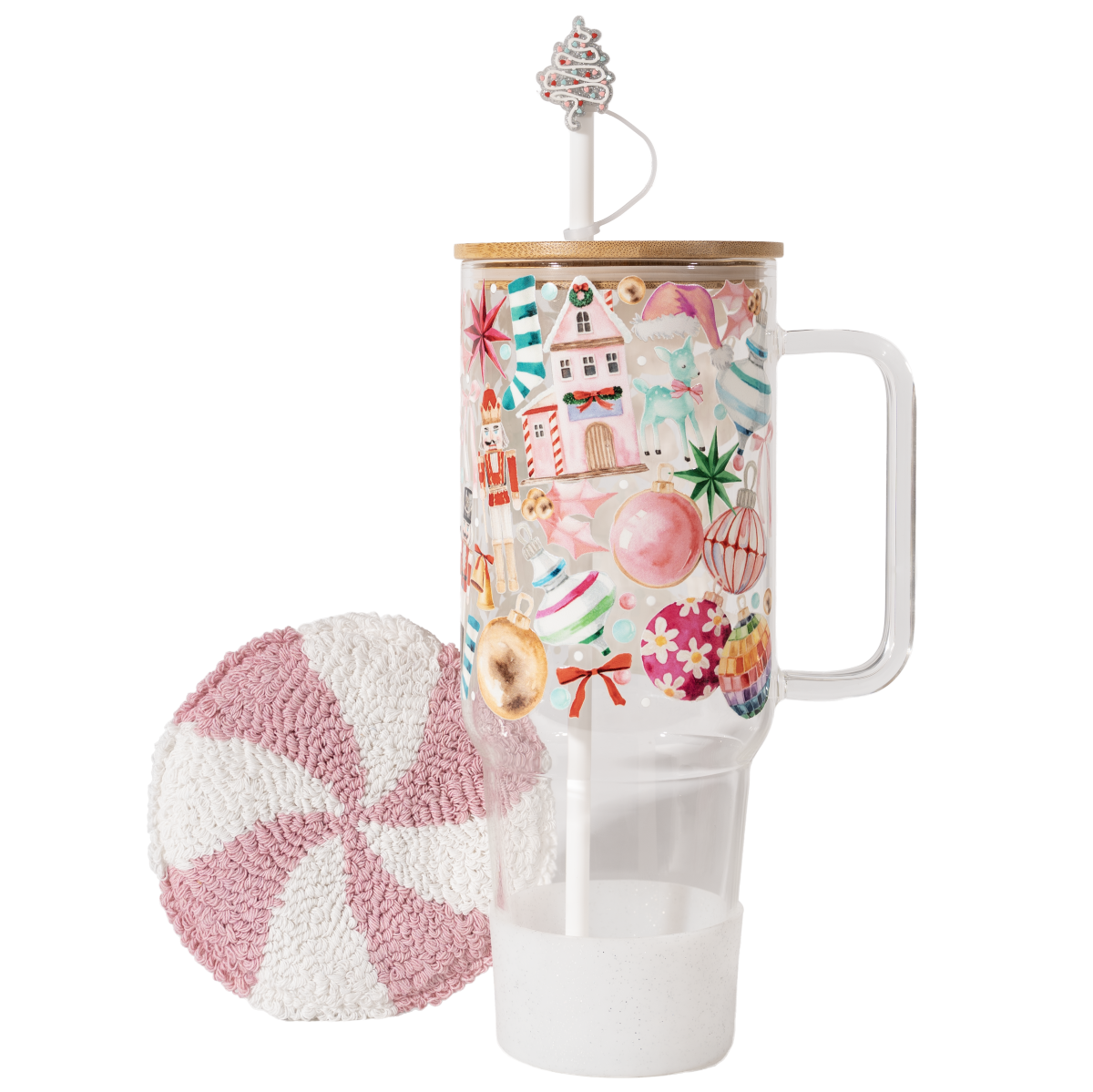 40oz Pink Whimsical Glass Tumbler Holiday Gift Bundle