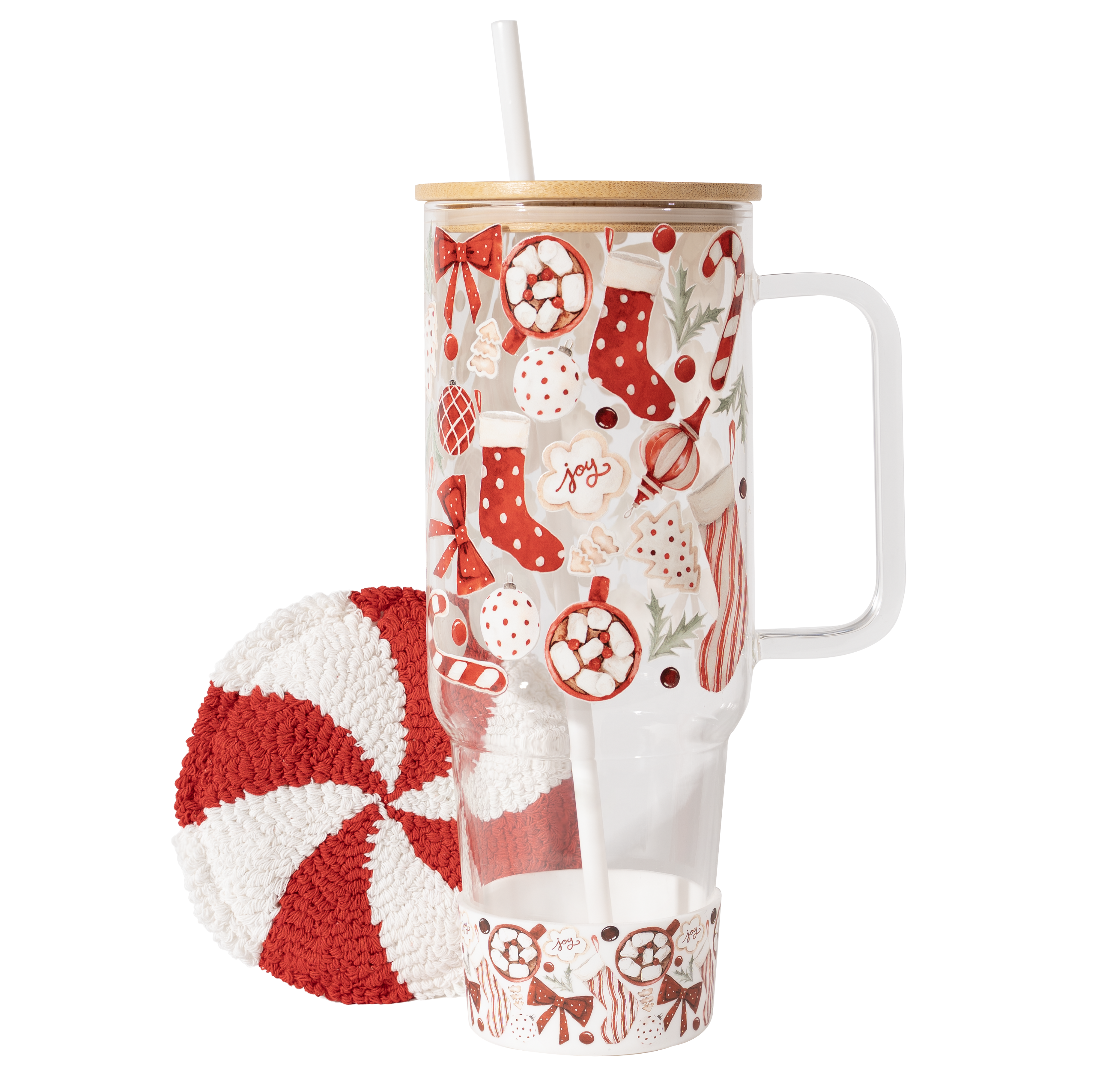 40oz Cozy Red Christmas Glass Tumbler Gift Bundle