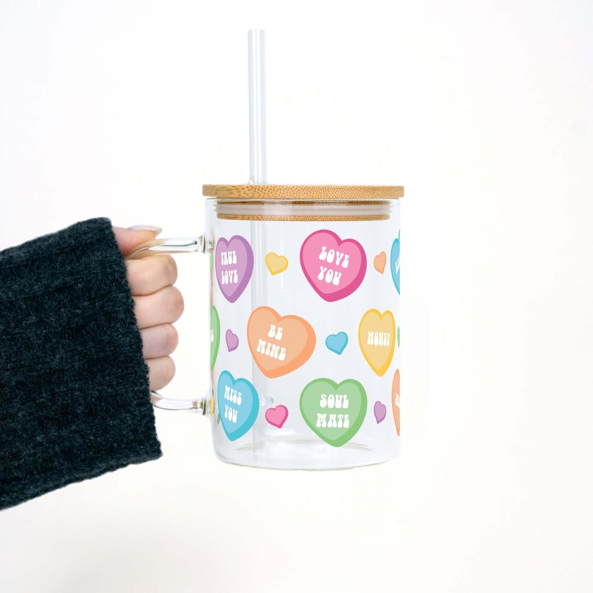 Candy Hearts 17oz Glass Mug With Lid and Straw from Sip Sip Hooray – Mugs