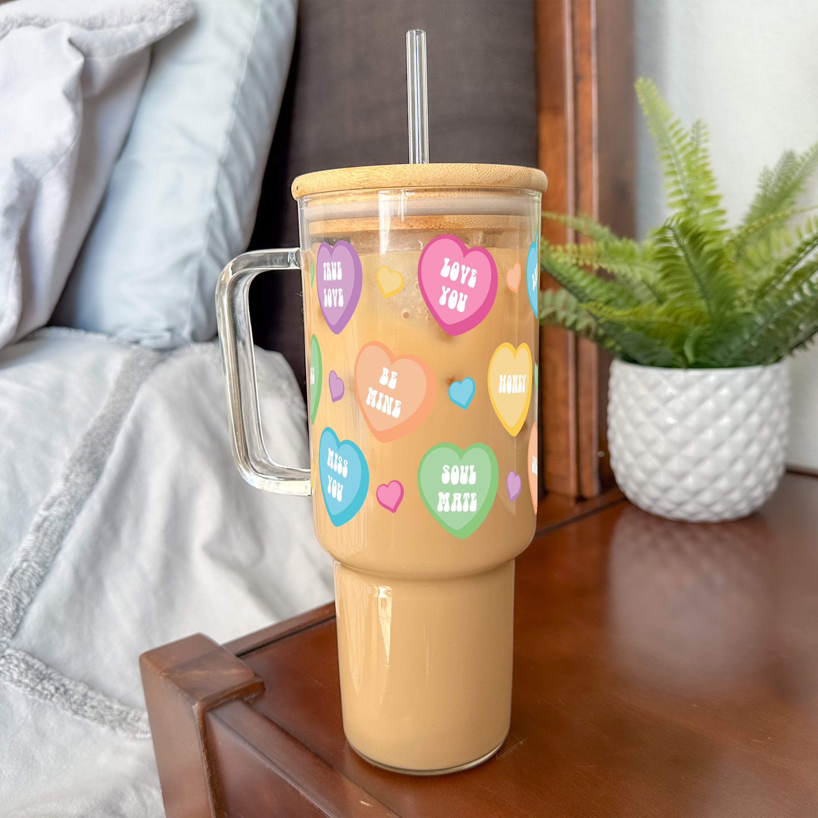 Candy Hearts 40oz Glass or Plastic Tumbler With Lid and Straw - Sip Sip Hooray