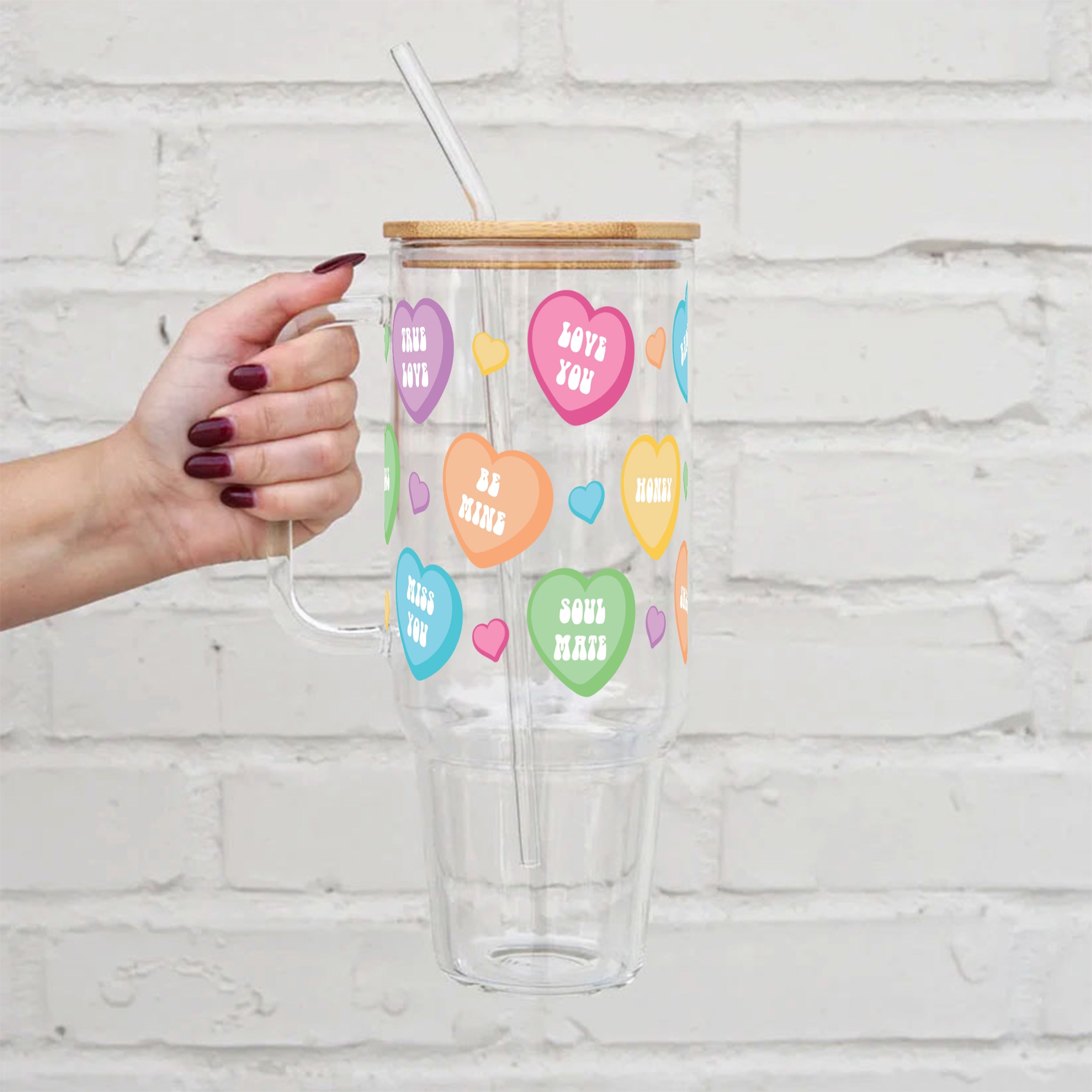 Candy Hearts 40oz Glass or Plastic Tumbler With Lid and Straw - Sip Sip Hooray