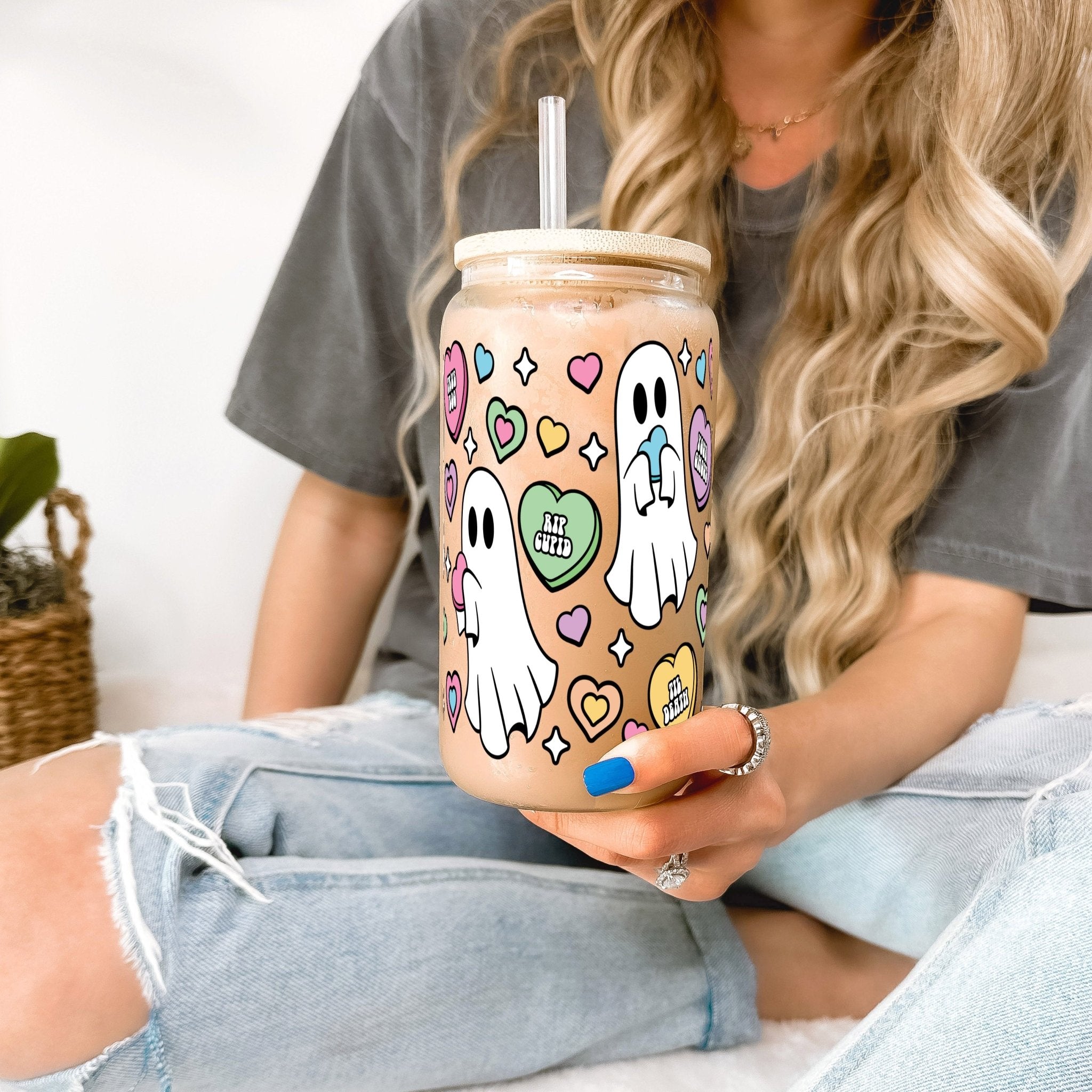 Candy Hearts Ghostie Cup with Lid and Straw - Sip Sip Hooray