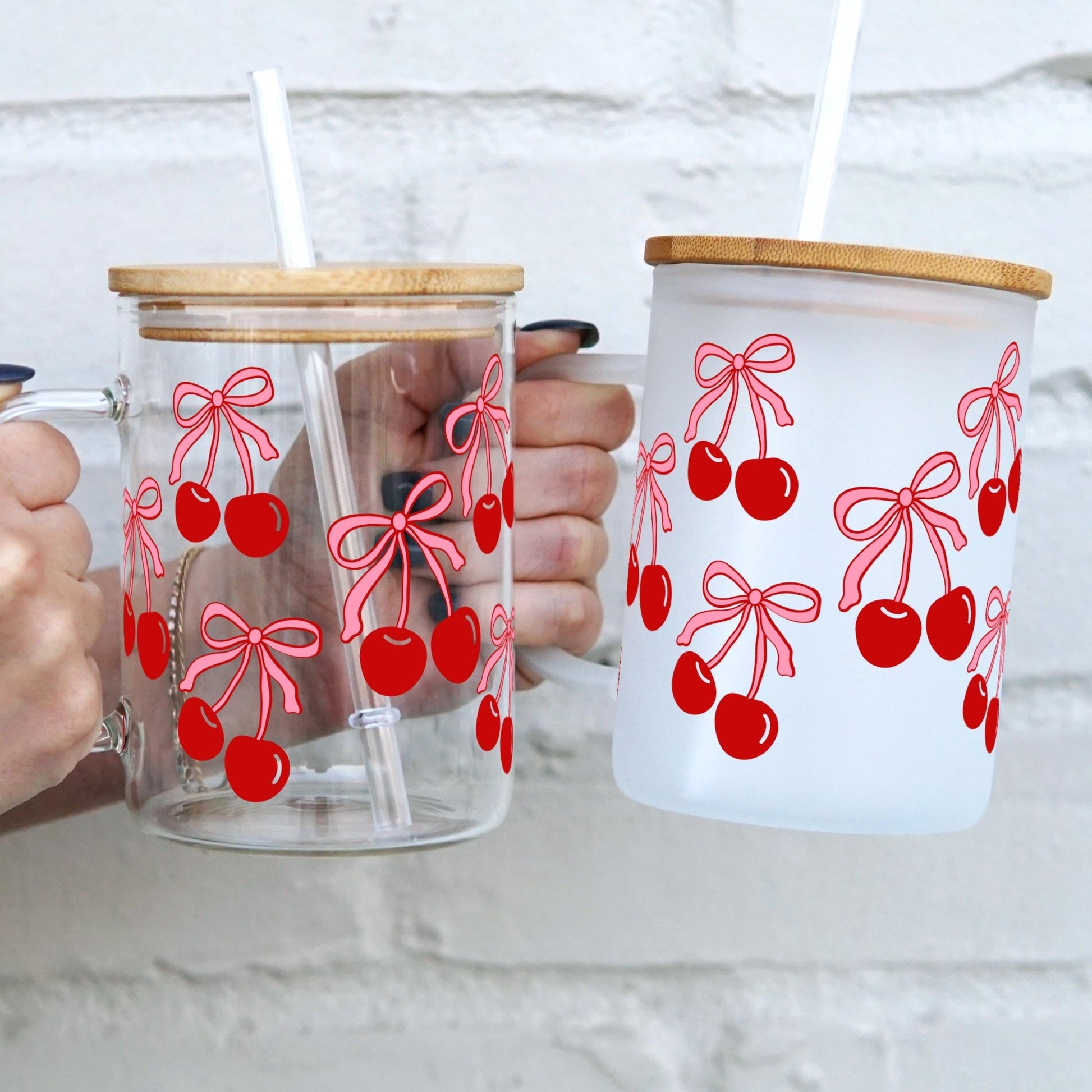 Cherries and Bows 17oz Glass Mug With Lid and Straw - Sip Sip Hooray