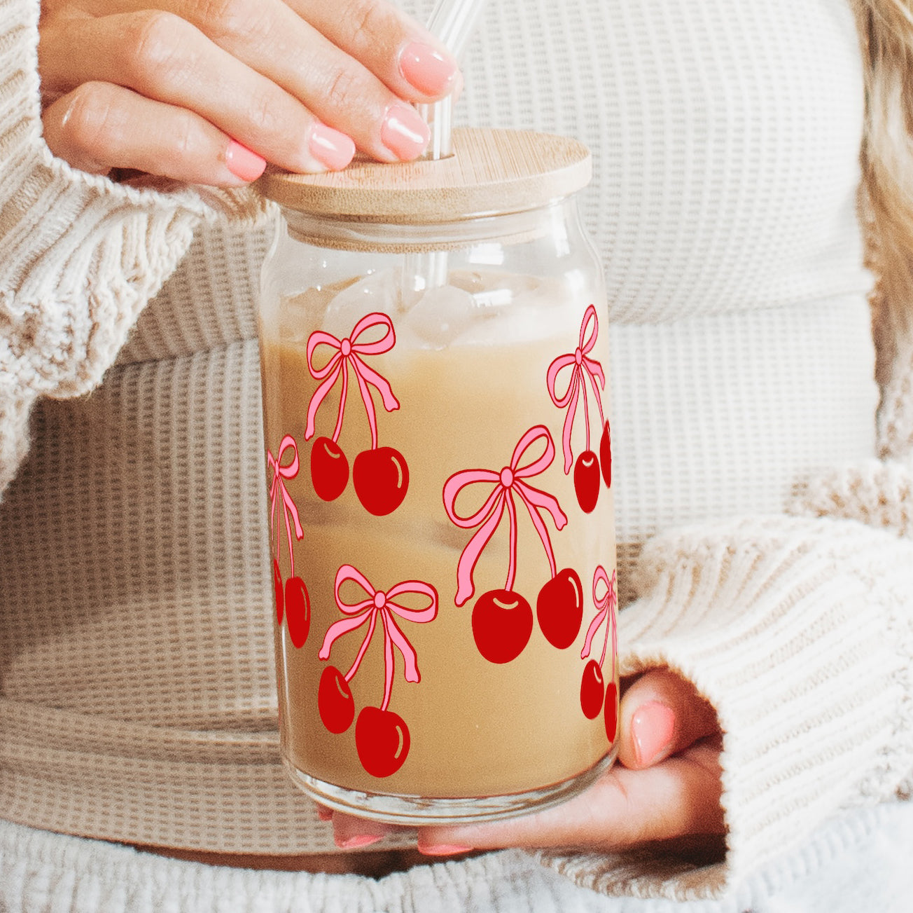 Cherries and Bows 16oz Glass Can Cup With Lid and Straw