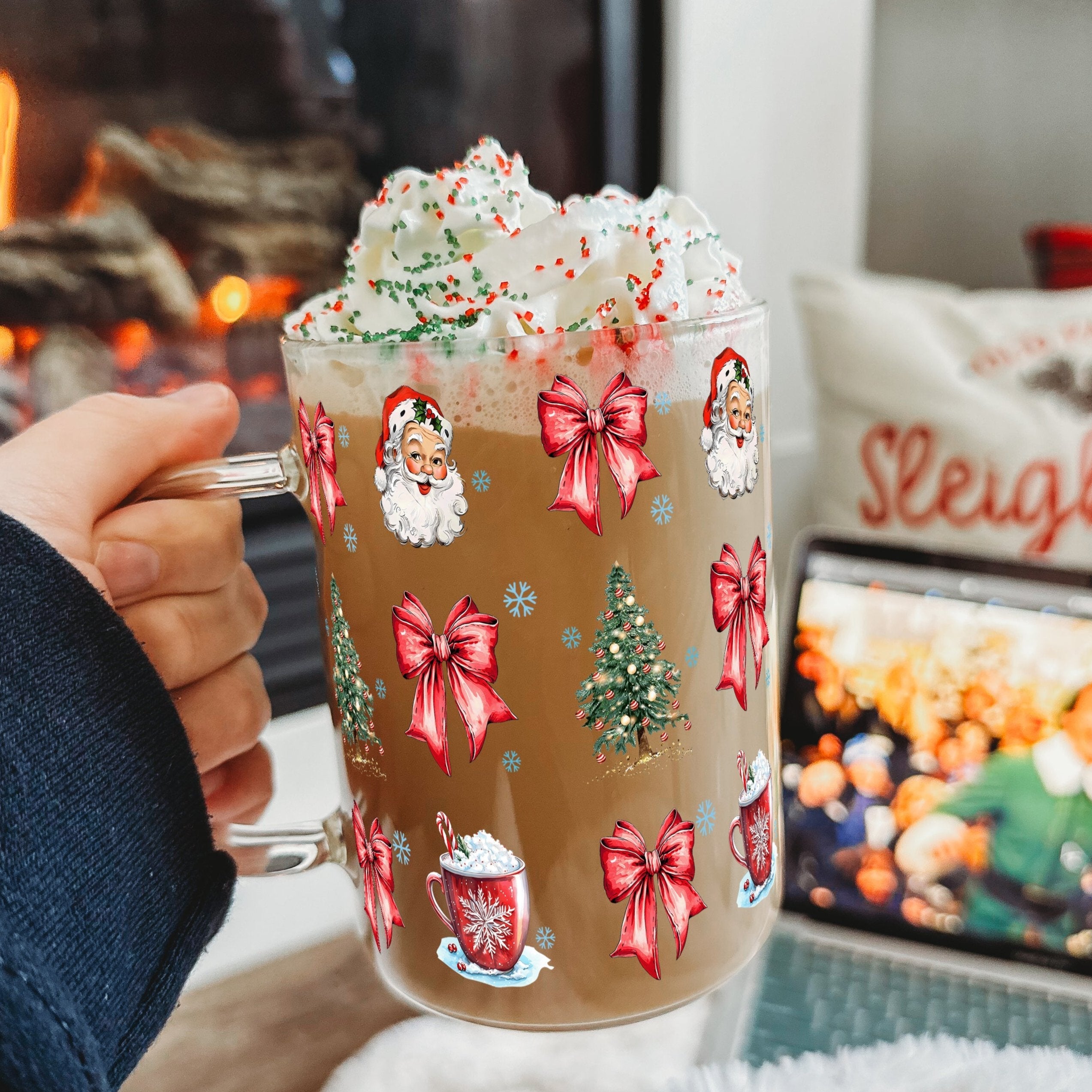 Christmas Bow Claus 17oz Glass Mug With Lid and Straw - Sip Sip Hooray