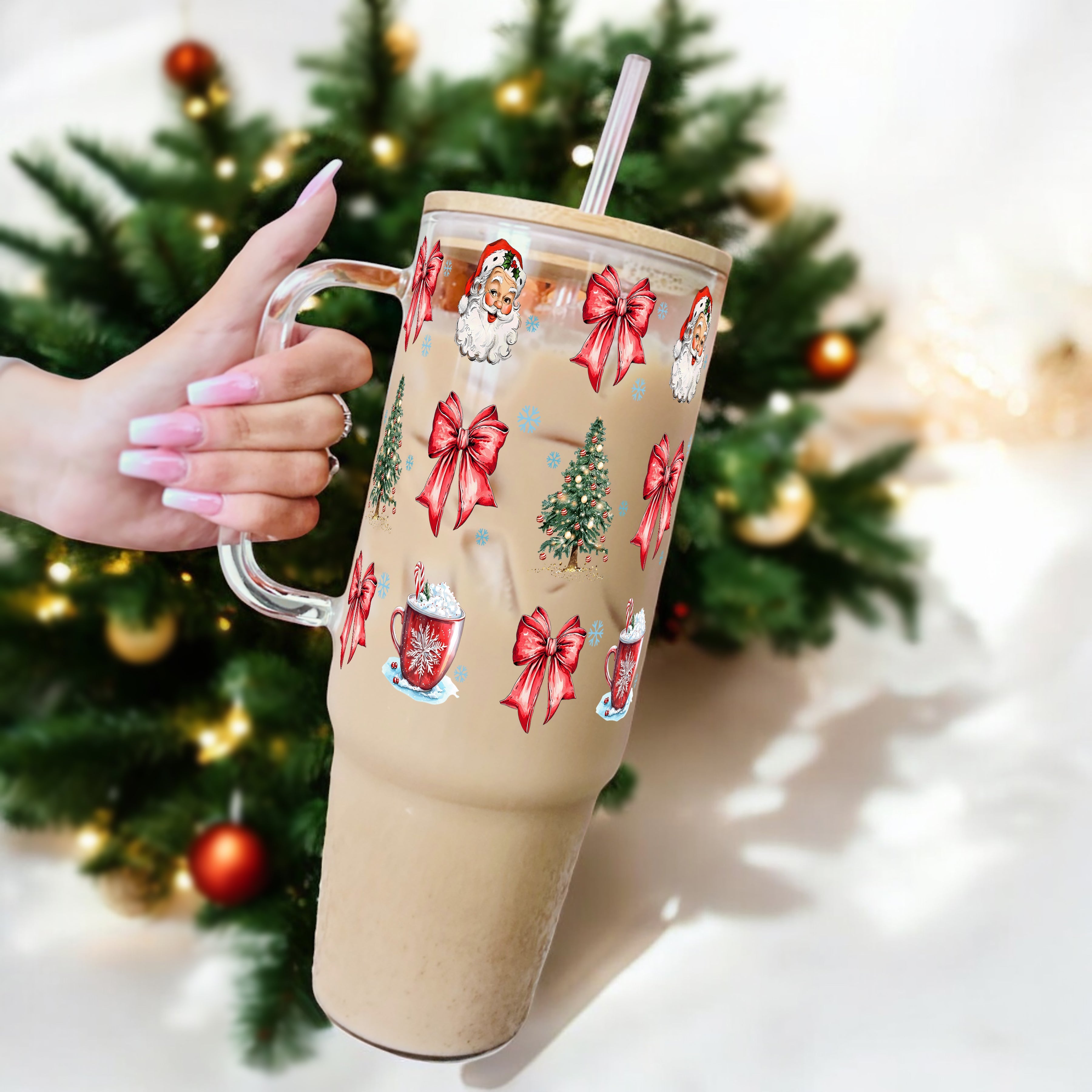 Christmas Bow Claus 40oz Glass or Plastic Tumbler With Lid and Straw - Sip Sip Hooray