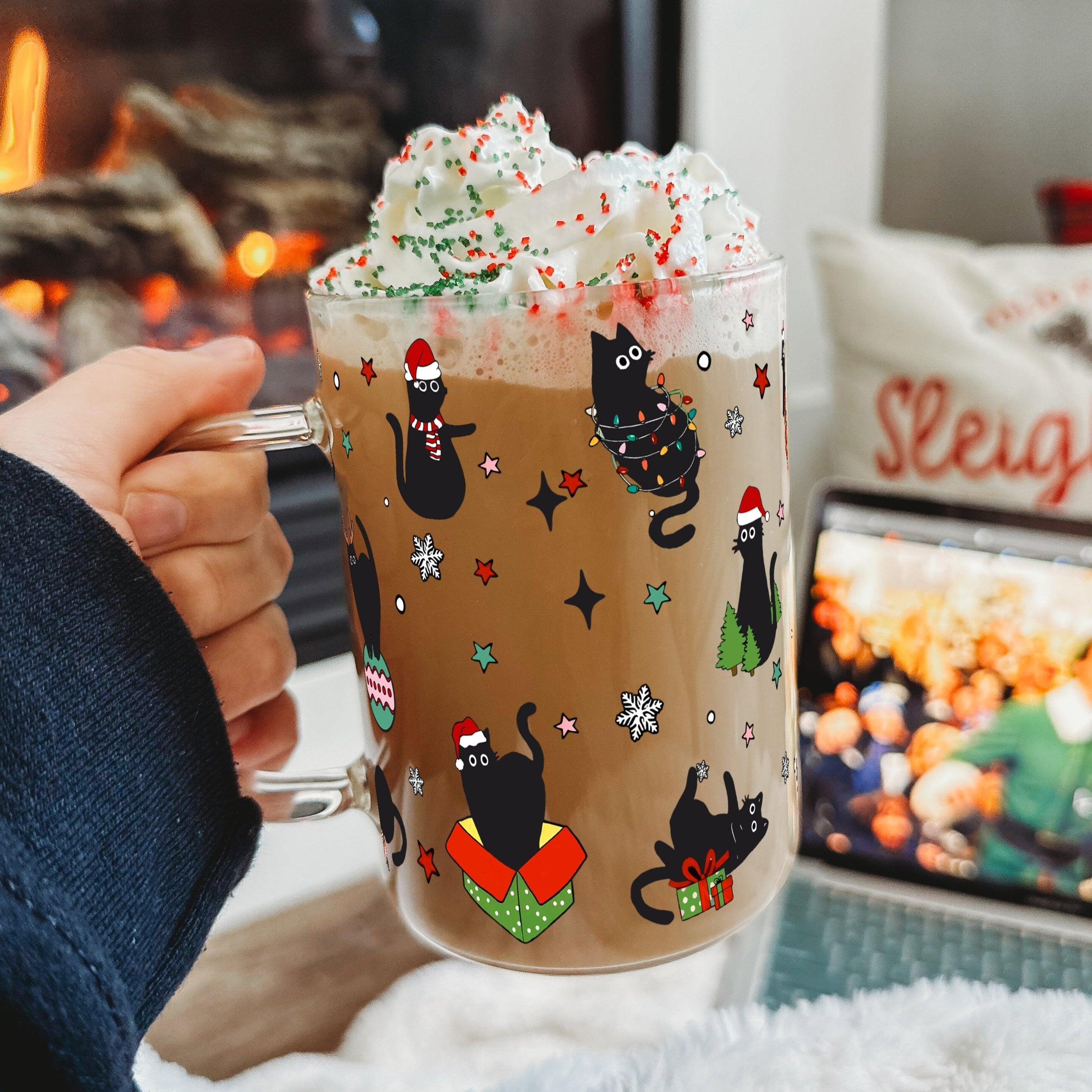 Christmas Cats 17oz Glass Mug With Lid and Straw - Sip Sip Hooray
