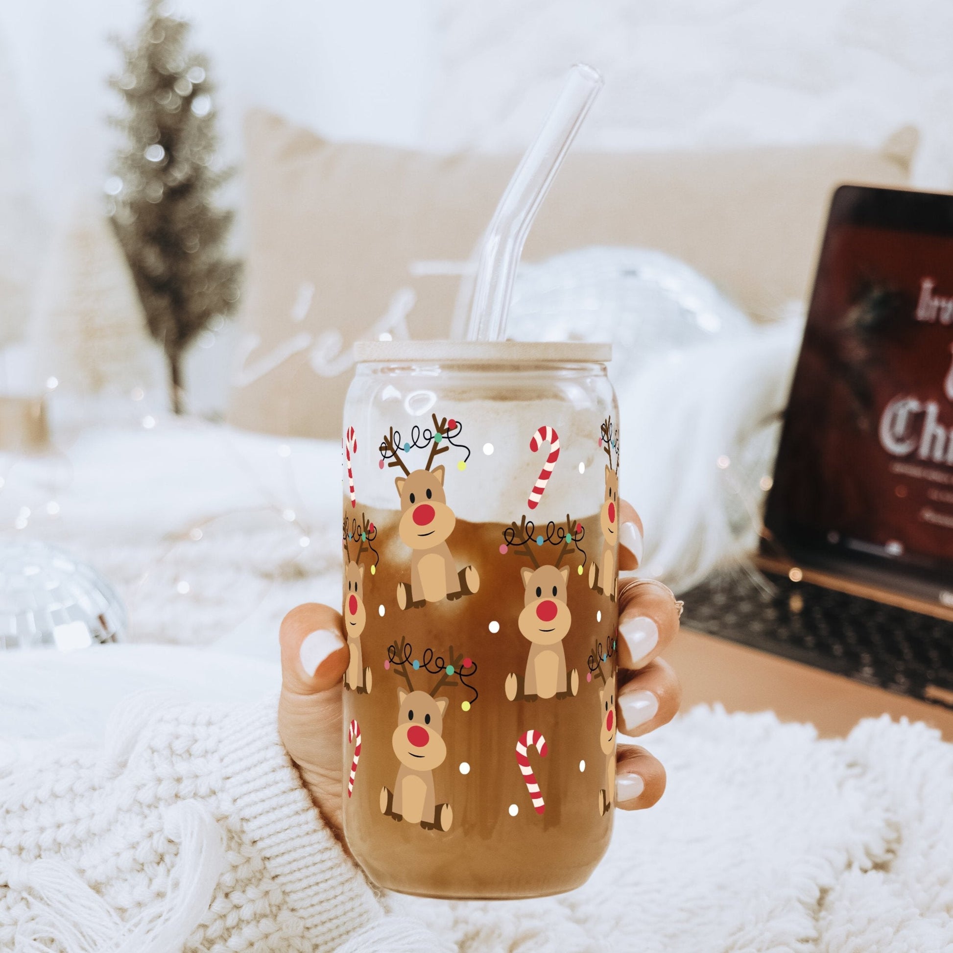 Christmas Deer + Candy Canes Cup With Lid and Straw - Sip Sip Hooray