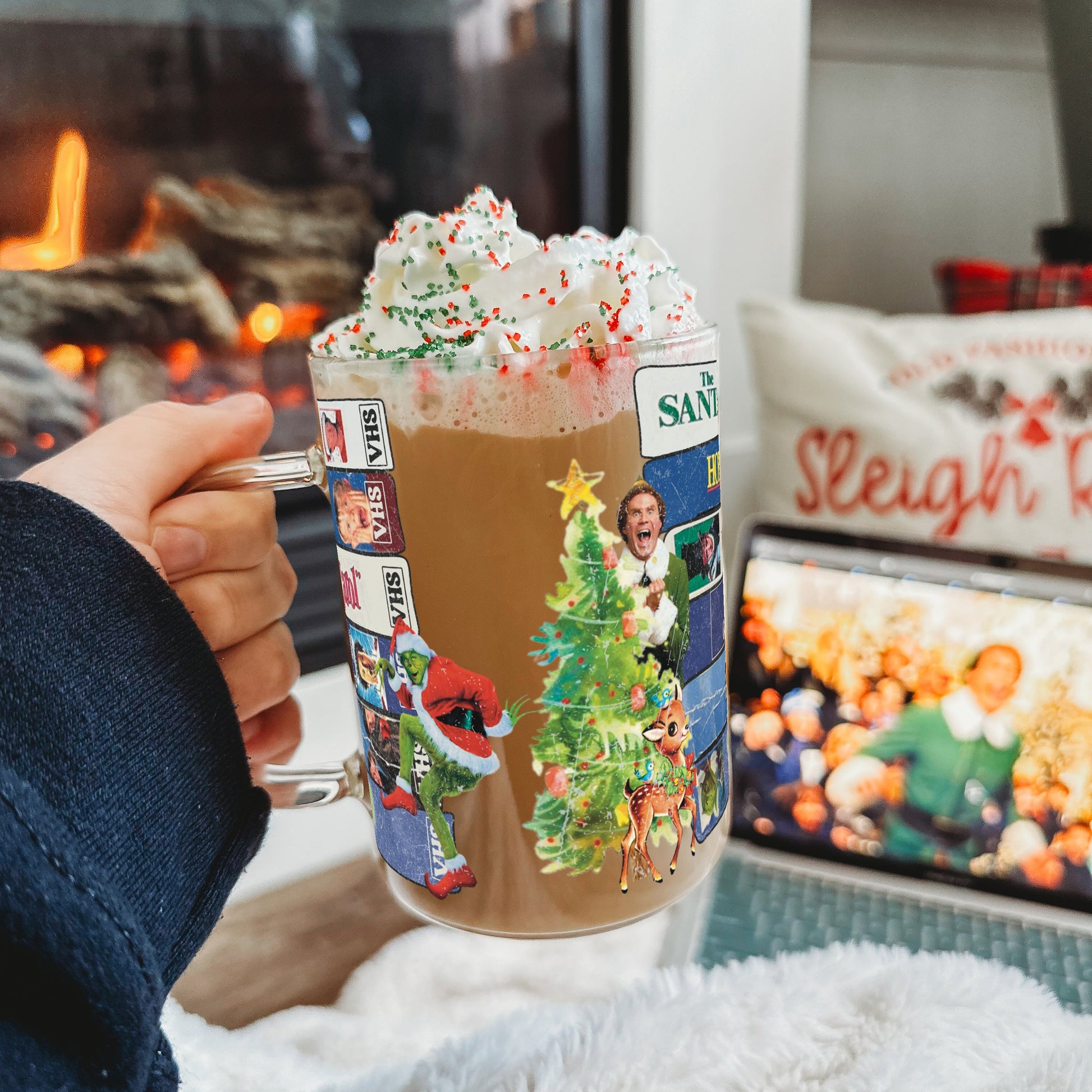 Christmas Movies 17oz Glass Mug With Lid and Straw - Sip Sip Hooray