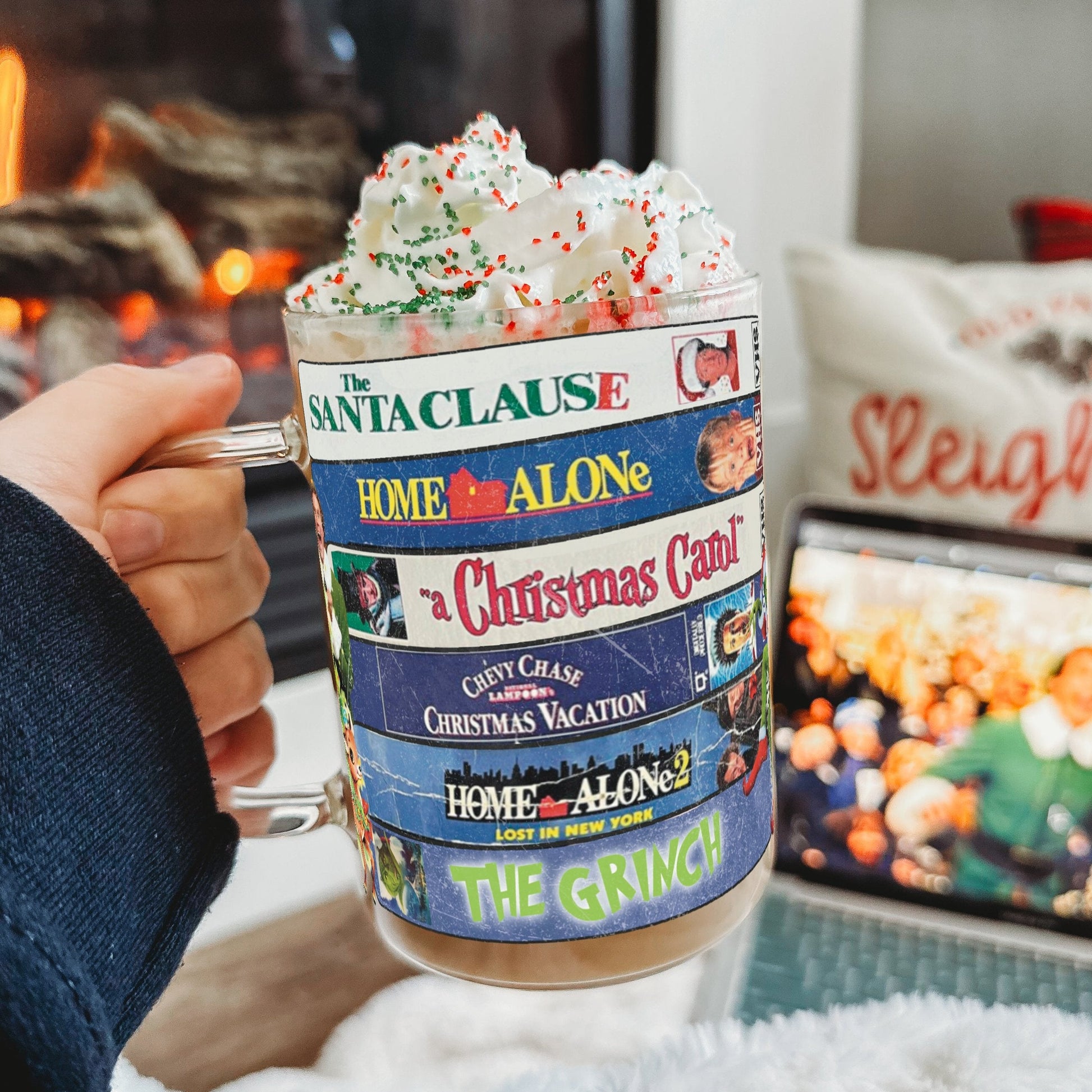 Christmas Movies 17oz Glass Mug With Lid and Straw - Sip Sip Hooray